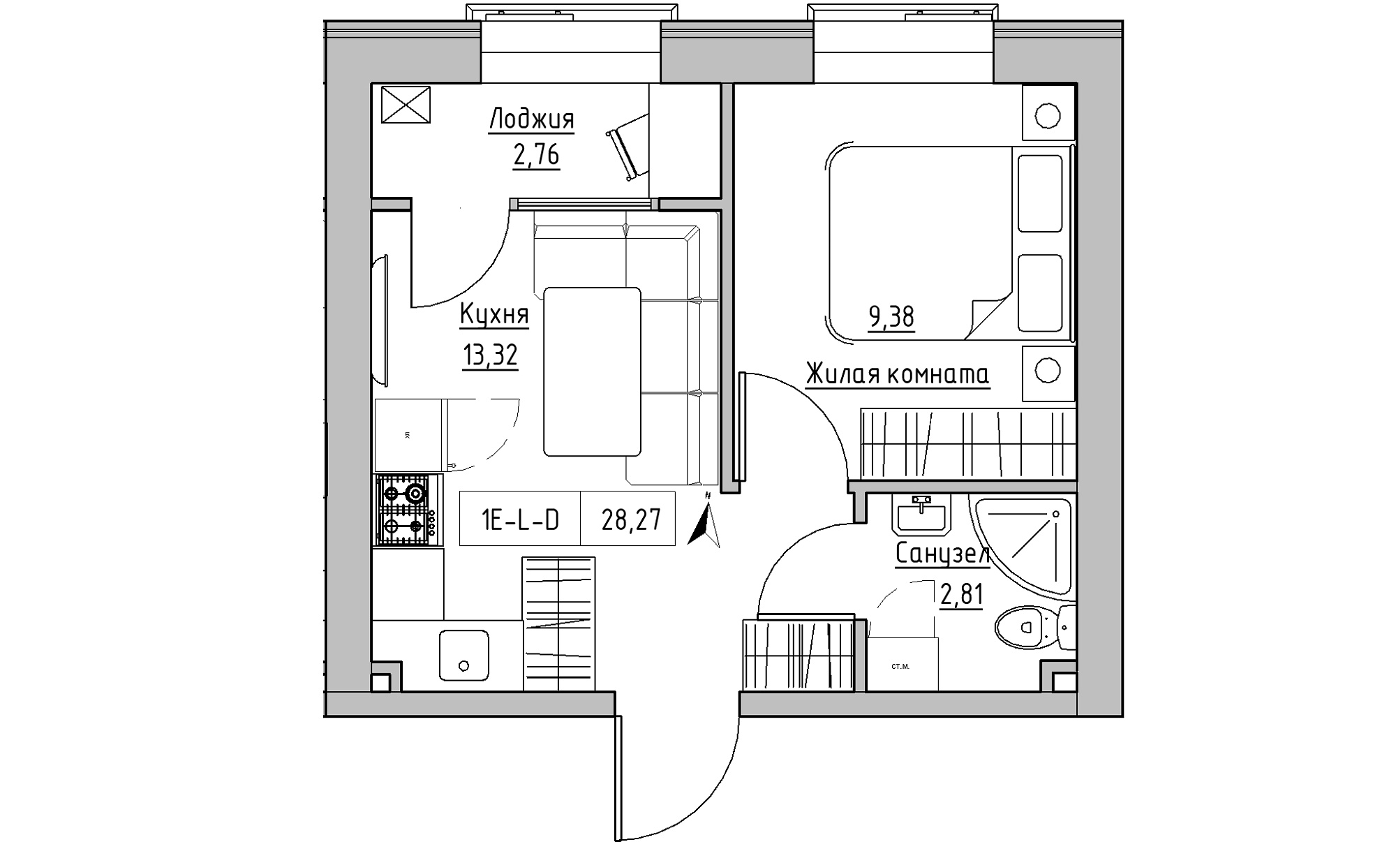 Планировка 1-к квартира площей 28.27м2, KS-023-02/0017.