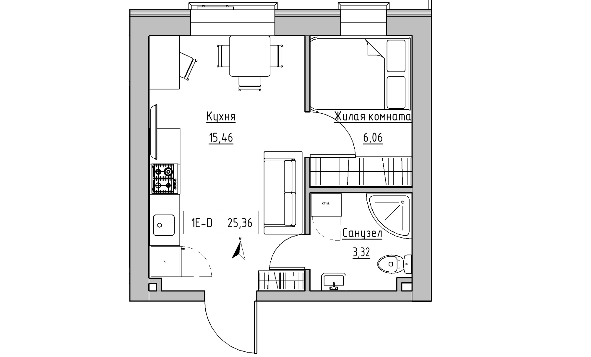 Планировка 1-к квартира площей 25.36м2, KS-016-04/0002.