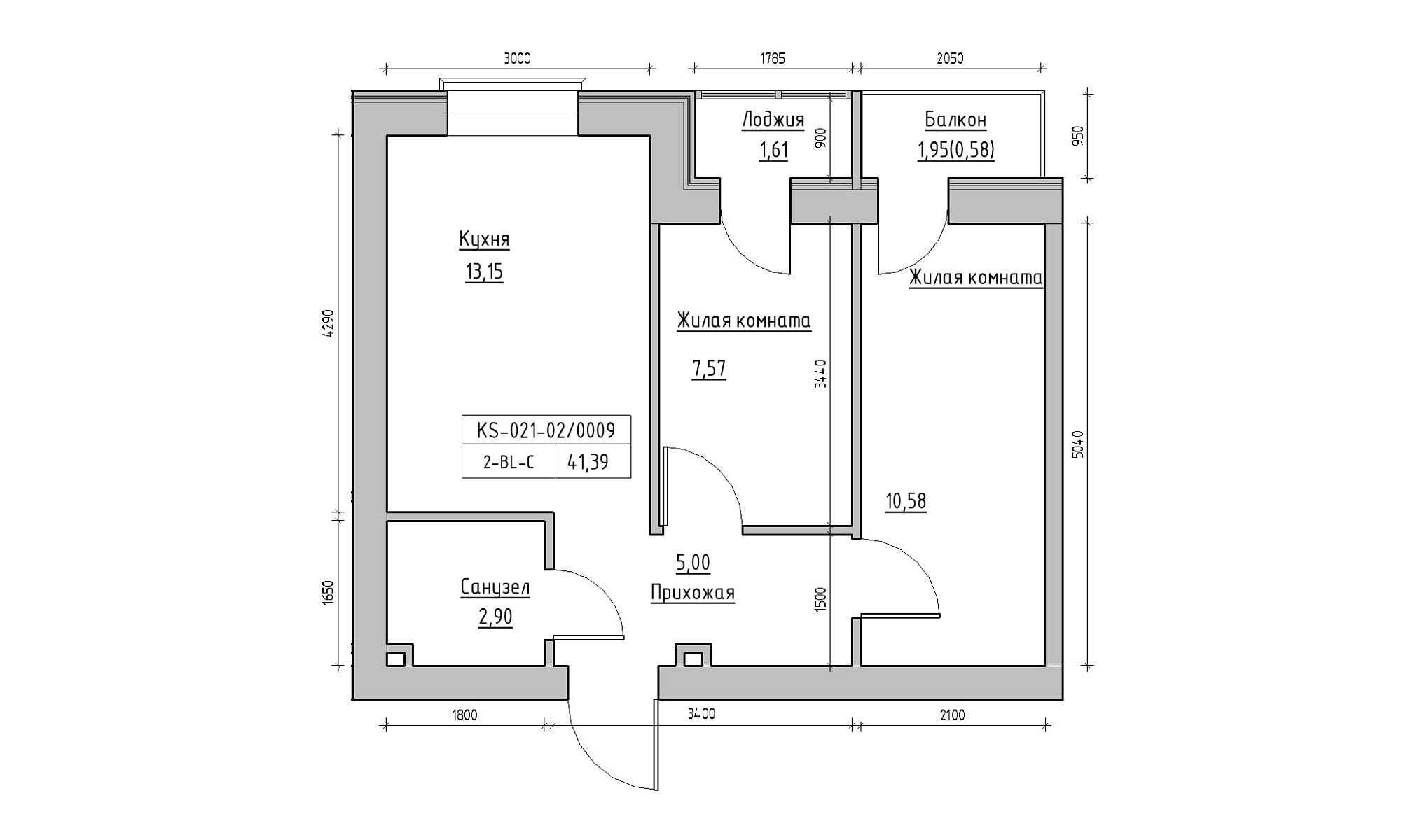 Planning 2-rm flats area 41.39m2, KS-021-02/0009.