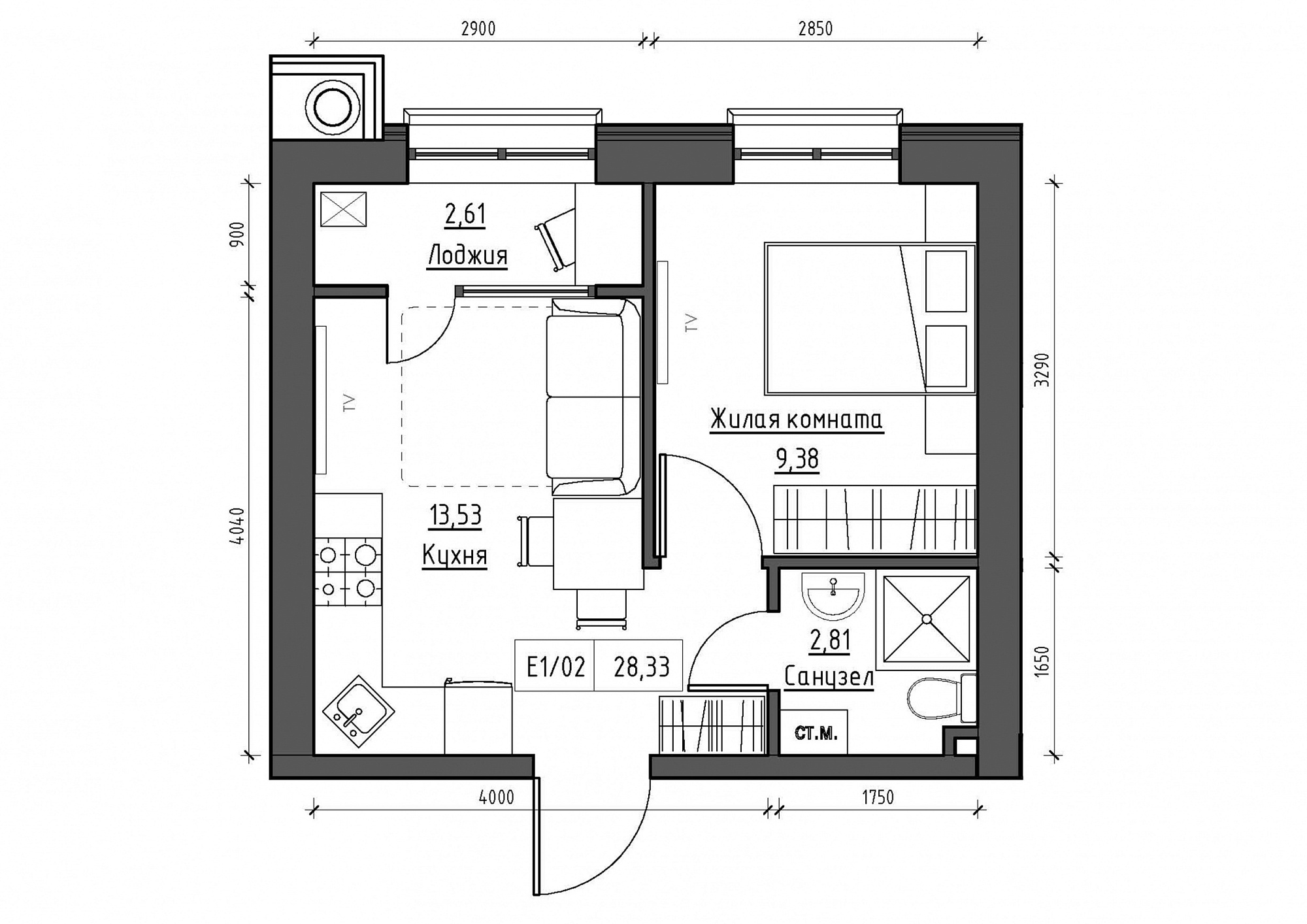 Планировка 1-к квартира площей 28.33м2, KS-011-03/0015.