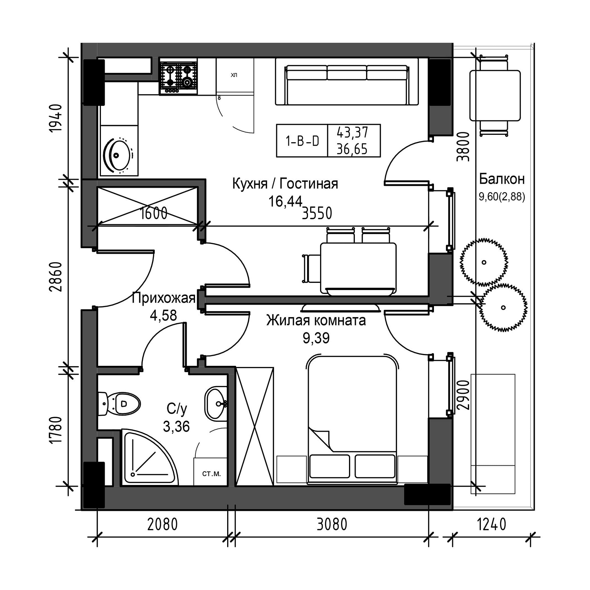 Планування 1-к квартира площею 36.65м2, UM-001-06/0002.