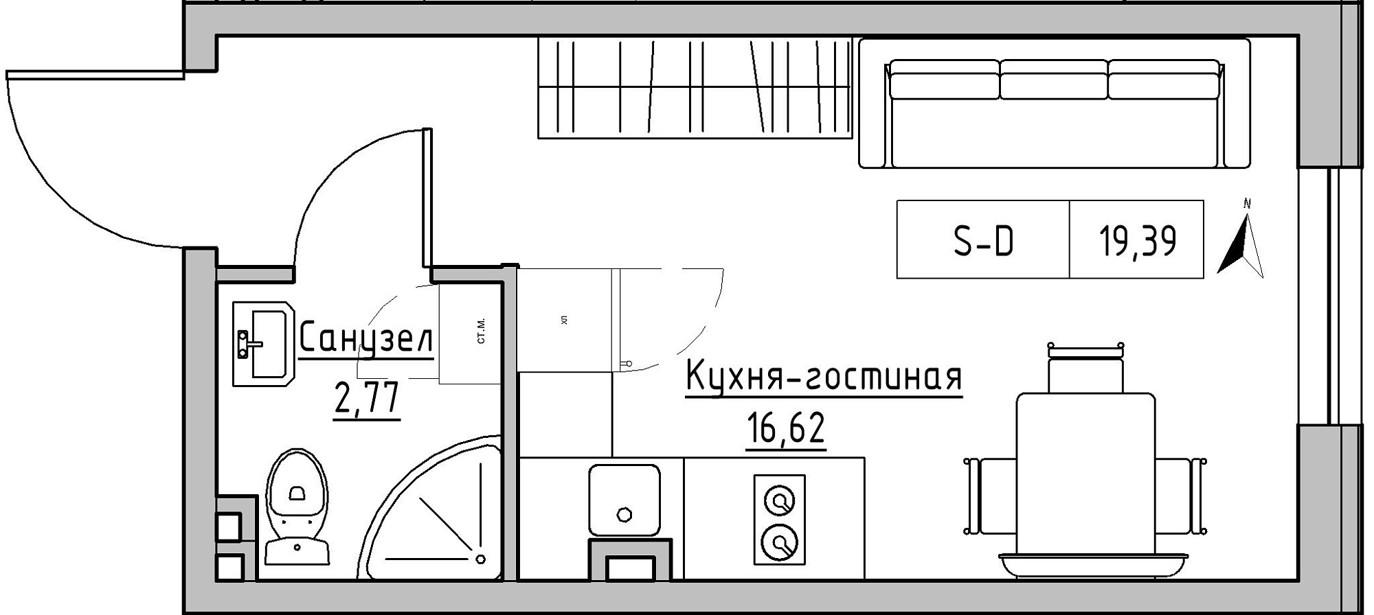 Планування Smart-квартира площею 19.39м2, KS-024-01/0014.