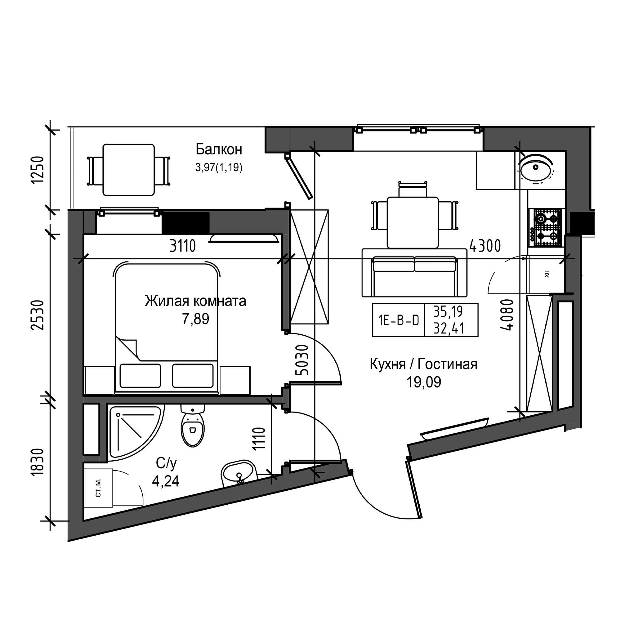 Планування 1-к квартира площею 32.41м2, UM-001-04/0005.
