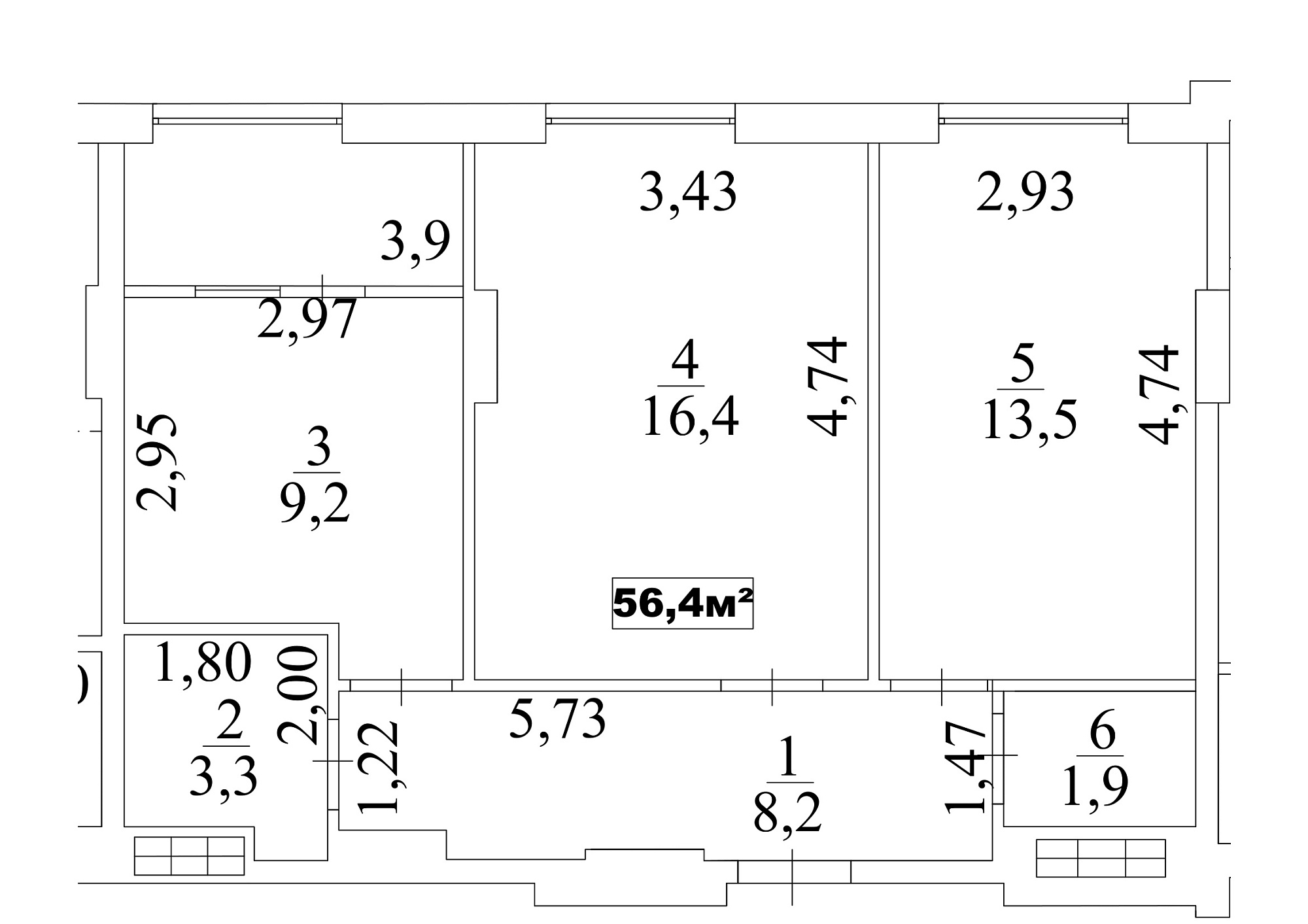 Планировка 2-к квартира площей 56.4м2, AB-10-06/00049.