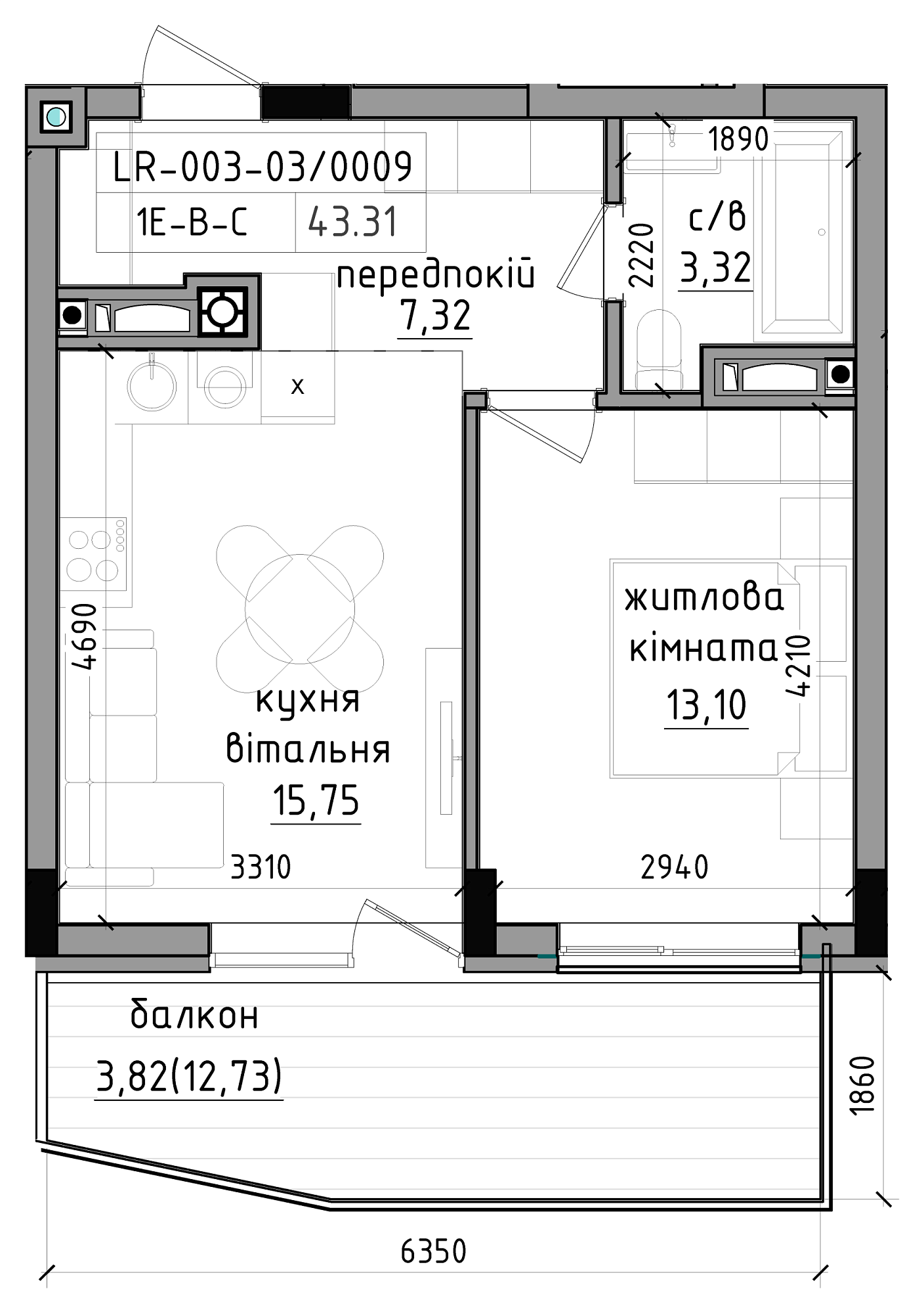 Planning 1-rm flats area 41.6m2, LR-003-03/0003.