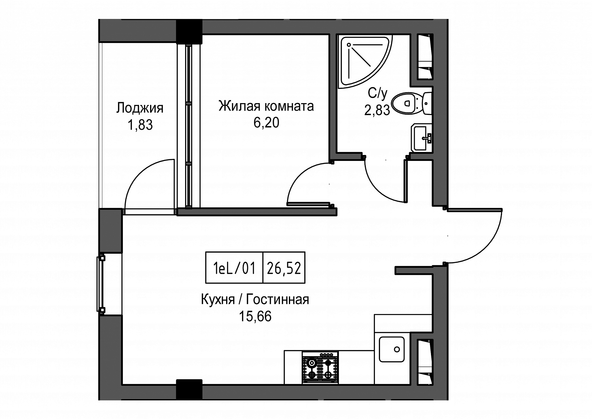 Планировка 1-к квартира площей 26.52м2, UM-002-02/0099.
