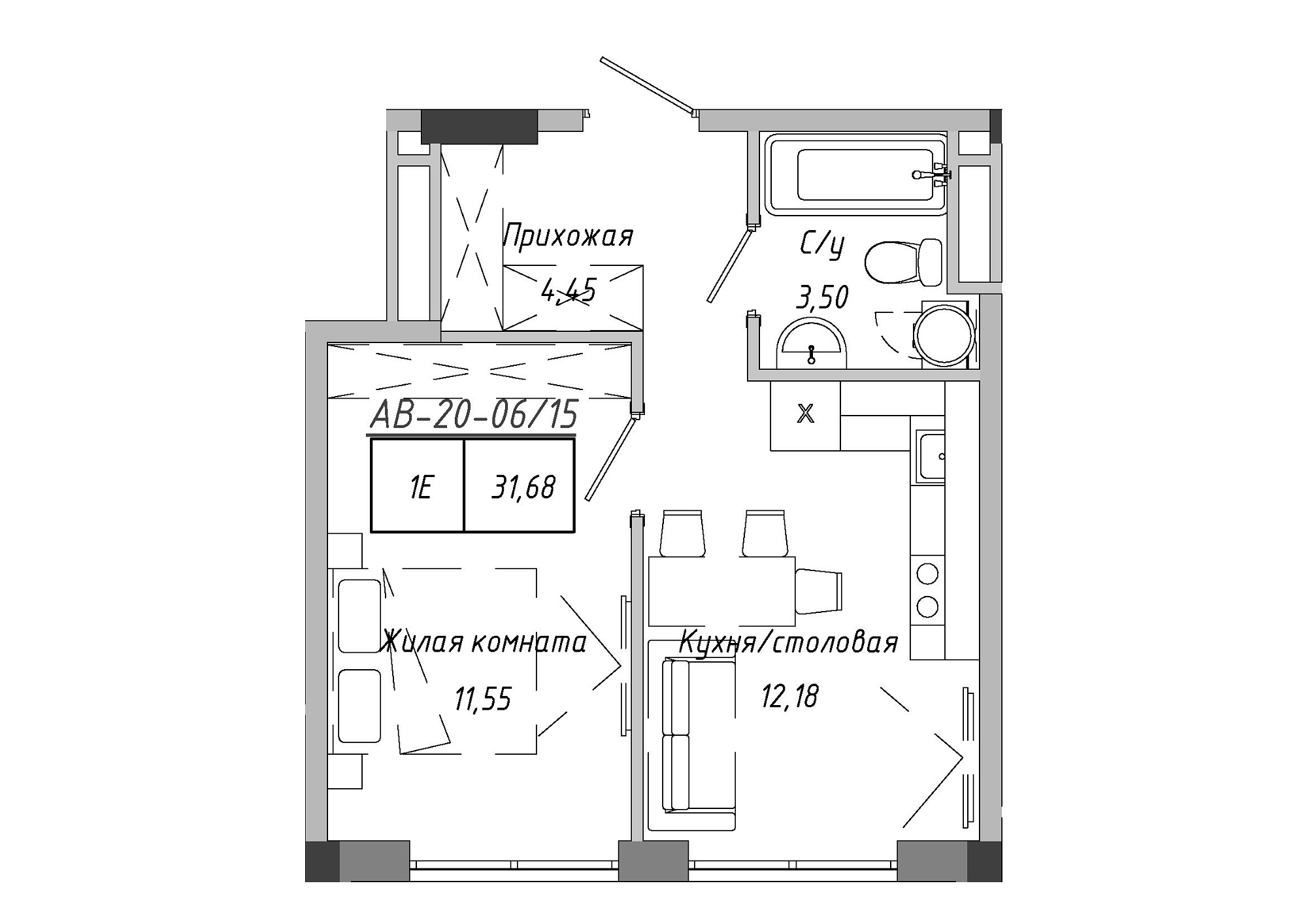 Планування 1-к квартира площею 31.51м2, AB-20-06/00015.