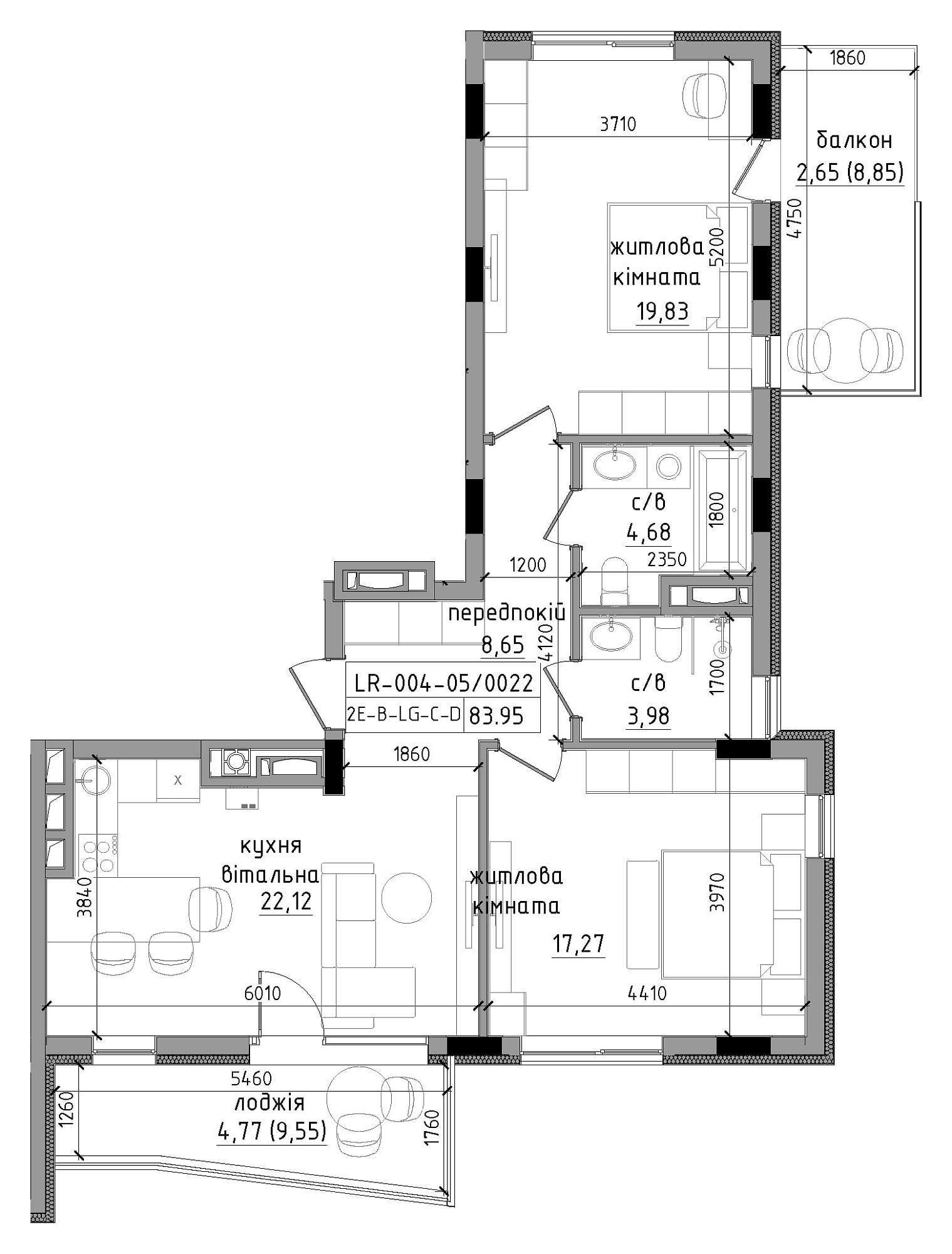 Планировка 2-к квартира площей 83.95м2, LR-004-05/0022.