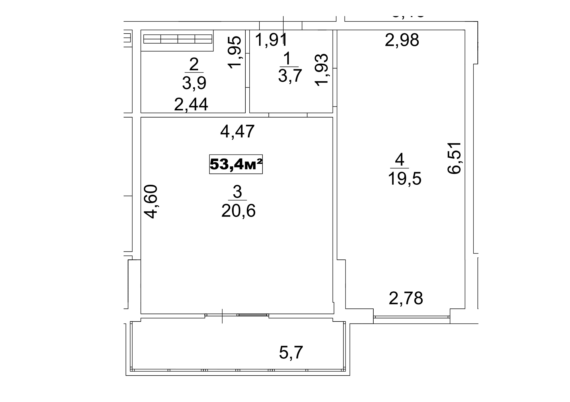 Planning 1-rm flats area 53.4m2, AB-13-04/00032.