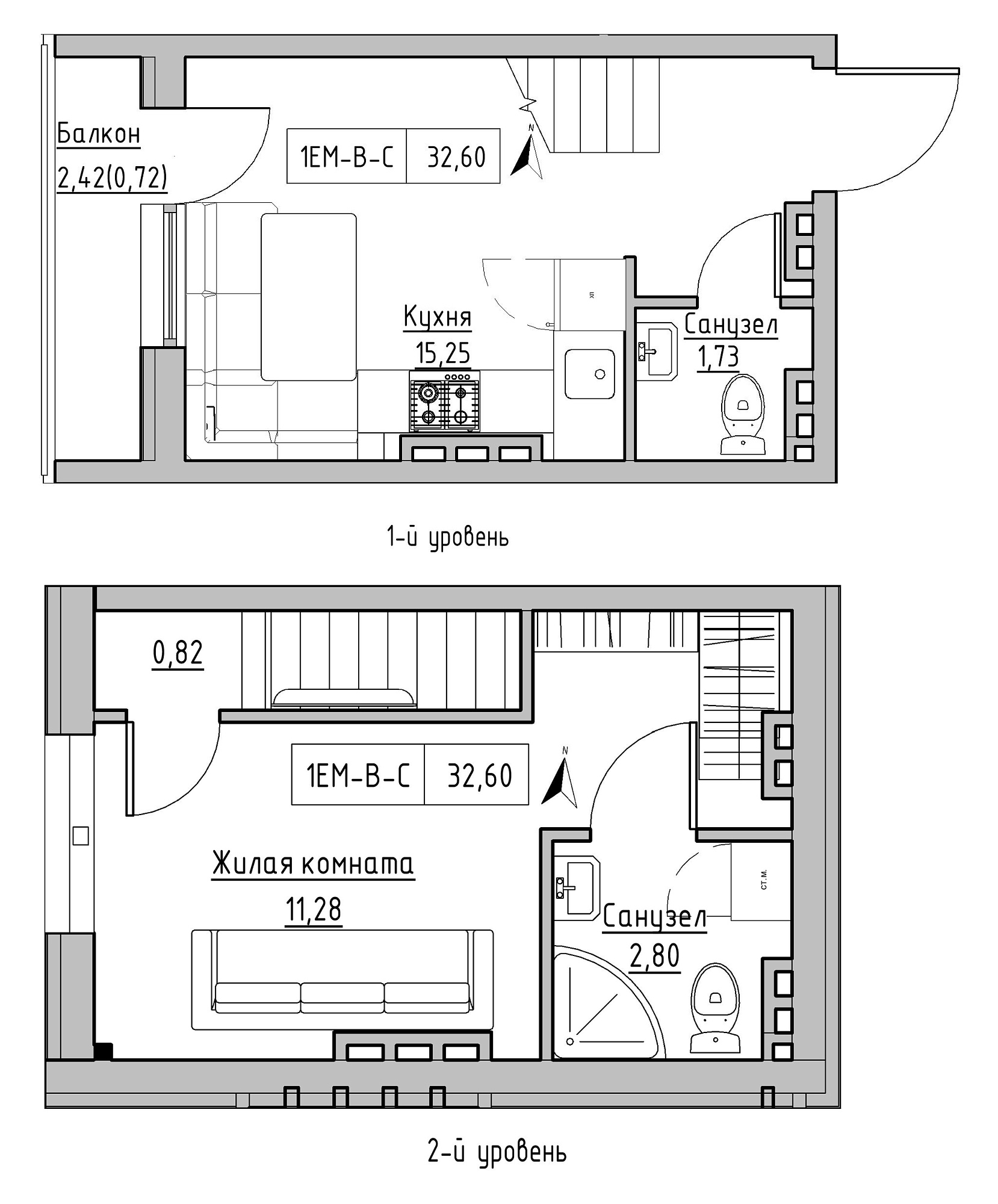 Planning 2-lvl flats area 32.6m2, KS-024-05/0012.