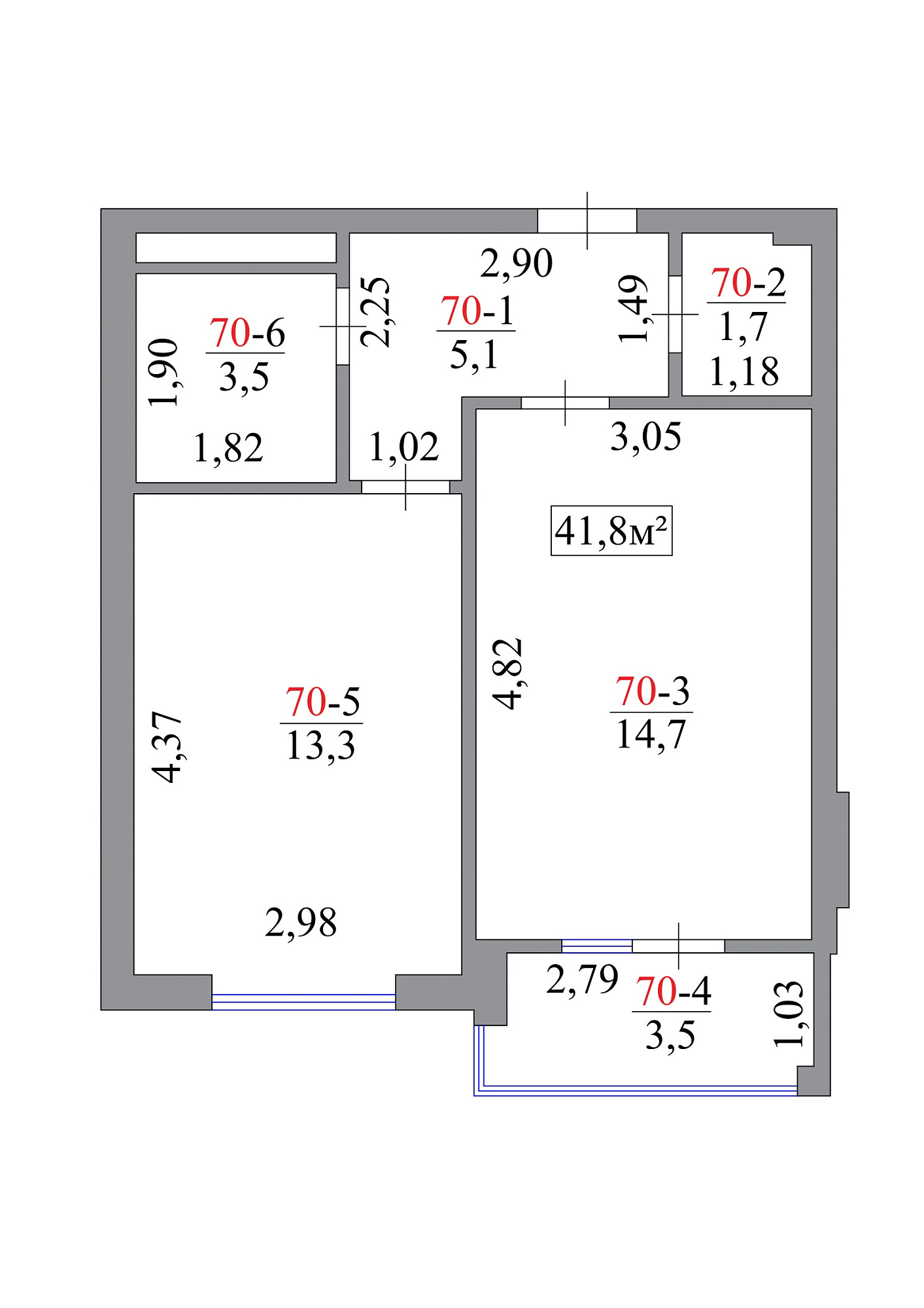 Планировка 1-к квартира площей 41.8м2, AB-07-07/00063.