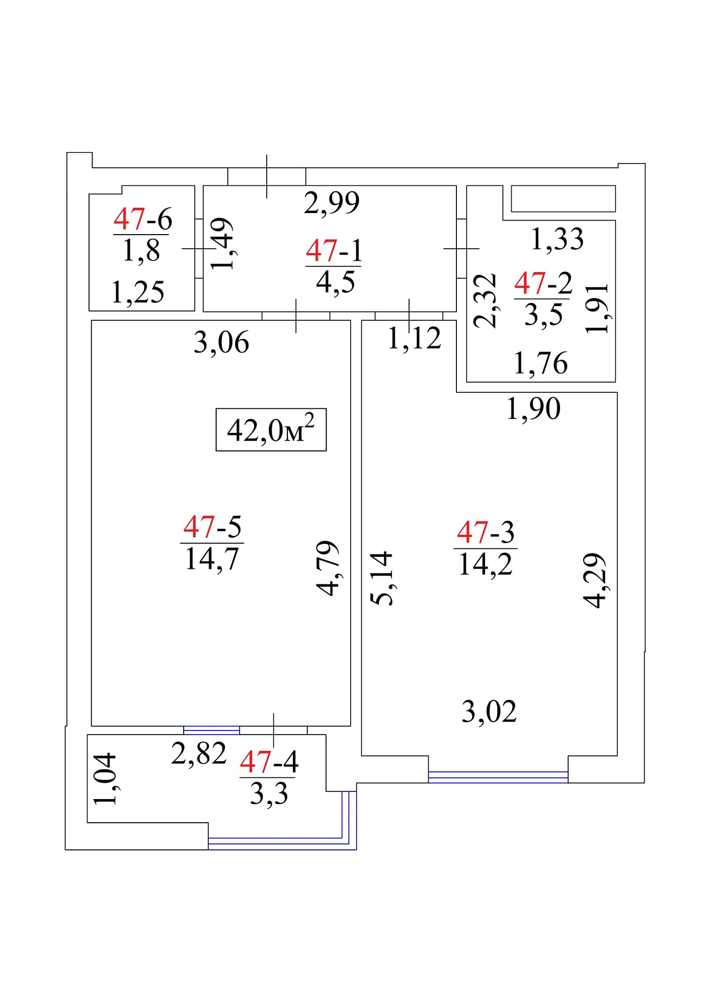 Планування 1-к квартира площею 42м2, AB-01-06/00045.