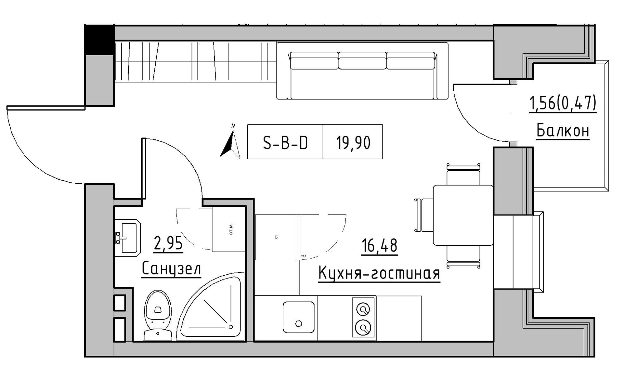 Планування Smart-квартира площею 19.9м2, KS-023-04/0006.