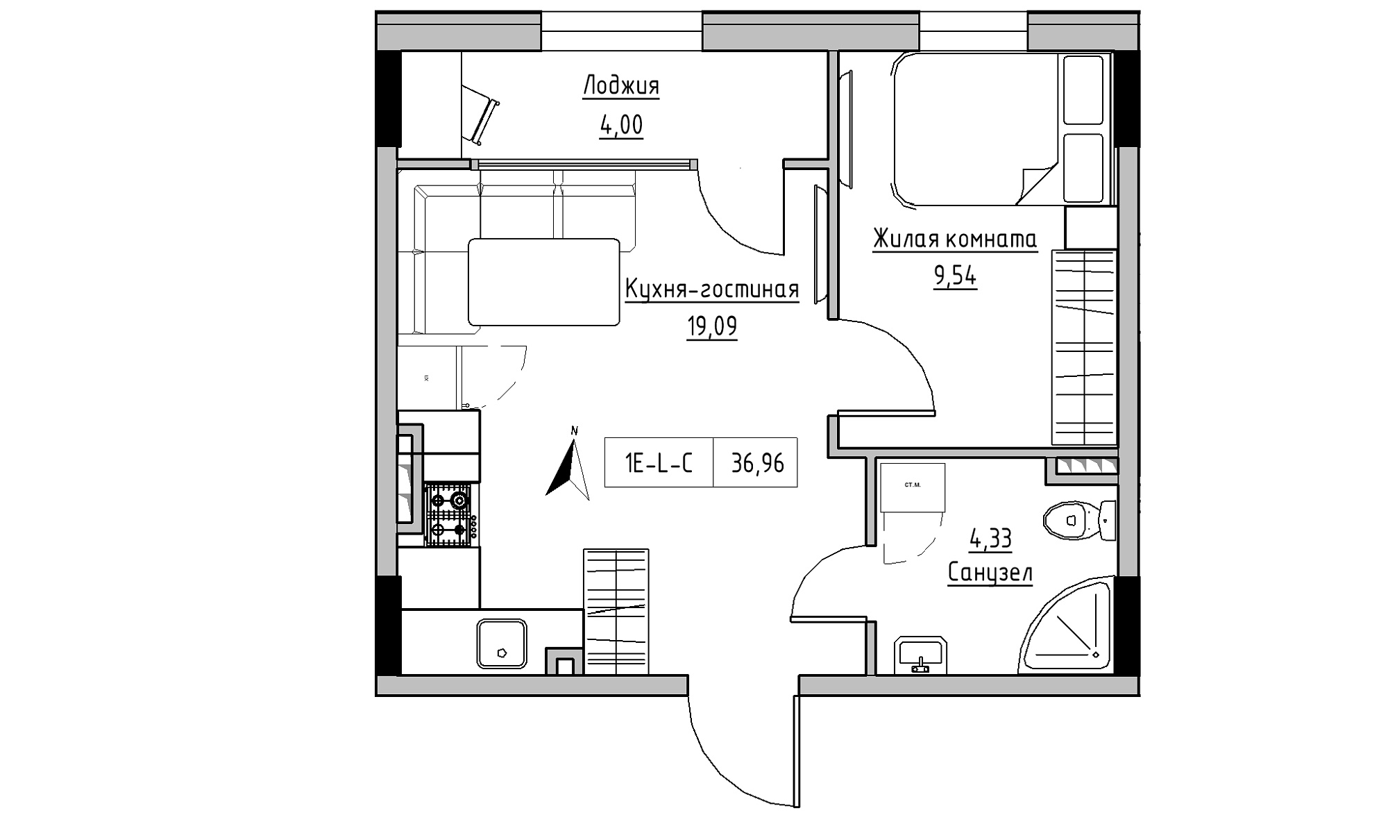 Планировка 1-к квартира площей 36.96м2, KS-025-03/0008.