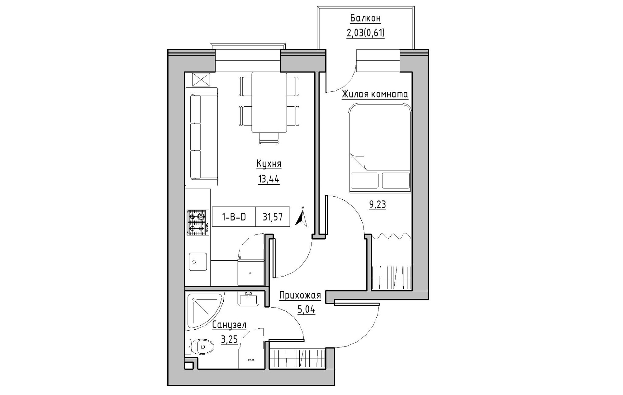 Планування 1-к квартира площею 31.57м2, KS-019-03/0013.