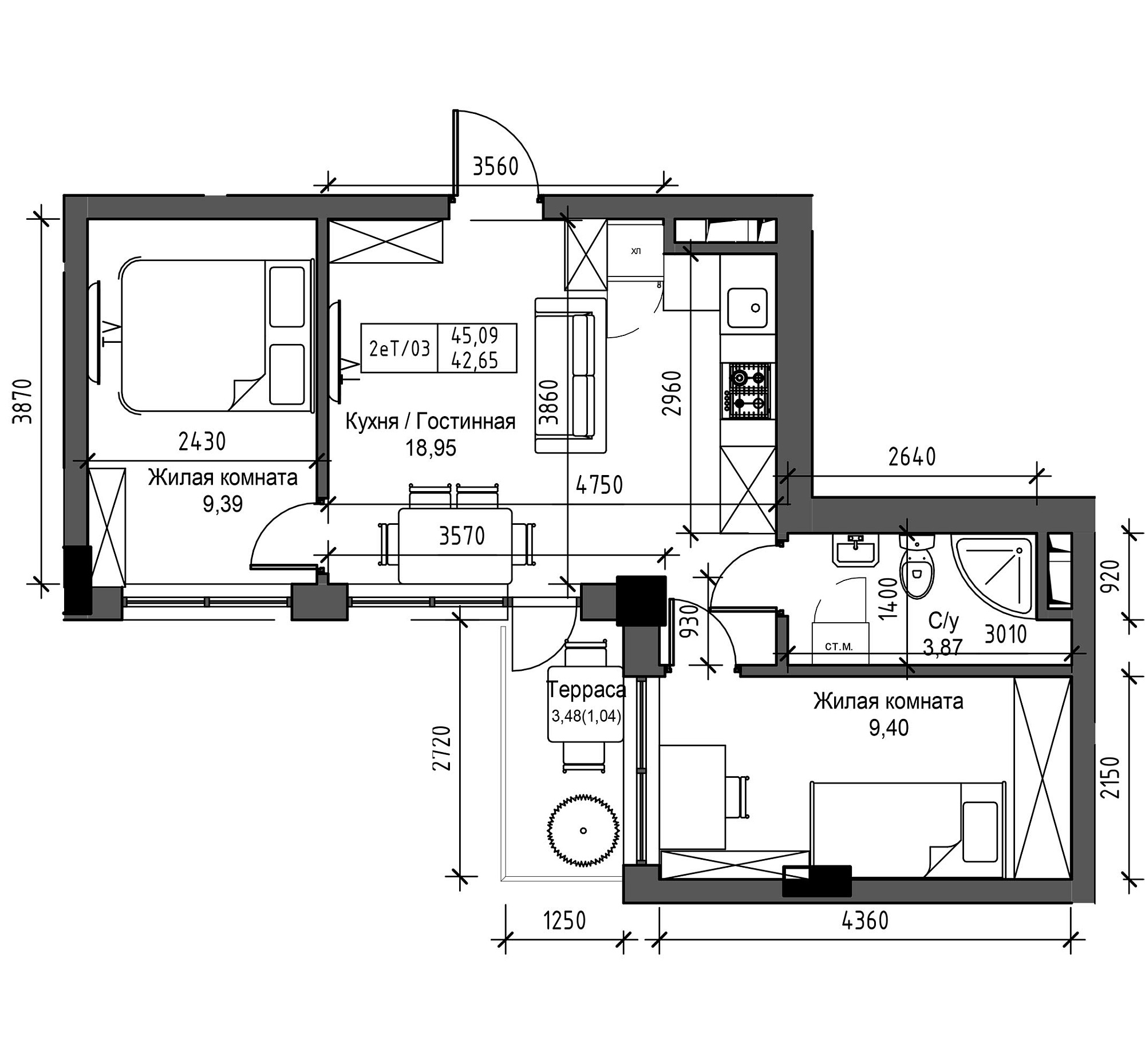 Планування 2-к квартира площею 42.65м2, UM-003-03/0012.