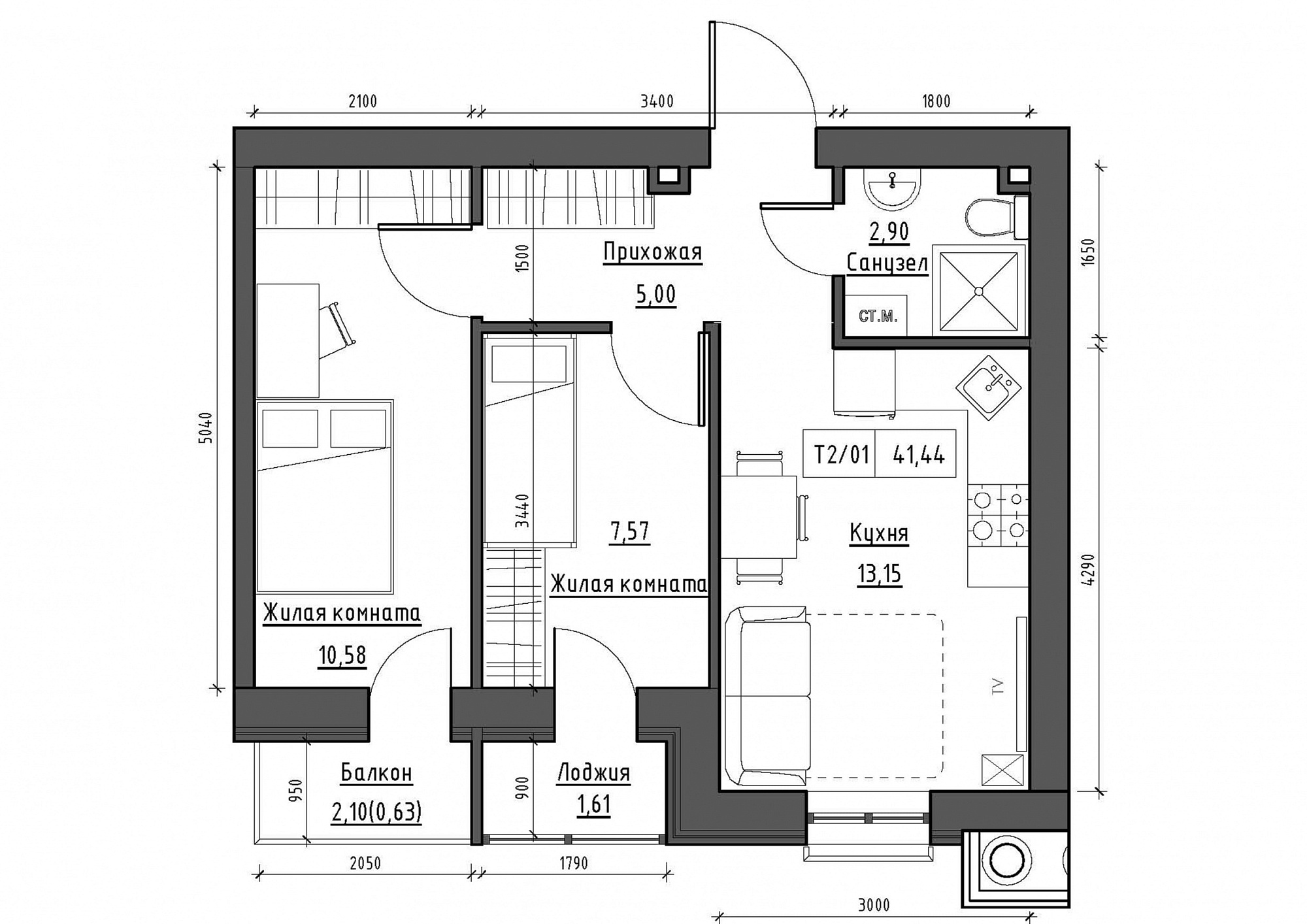 Planning 2-rm flats area 41.44m2, KS-011-02/0011.