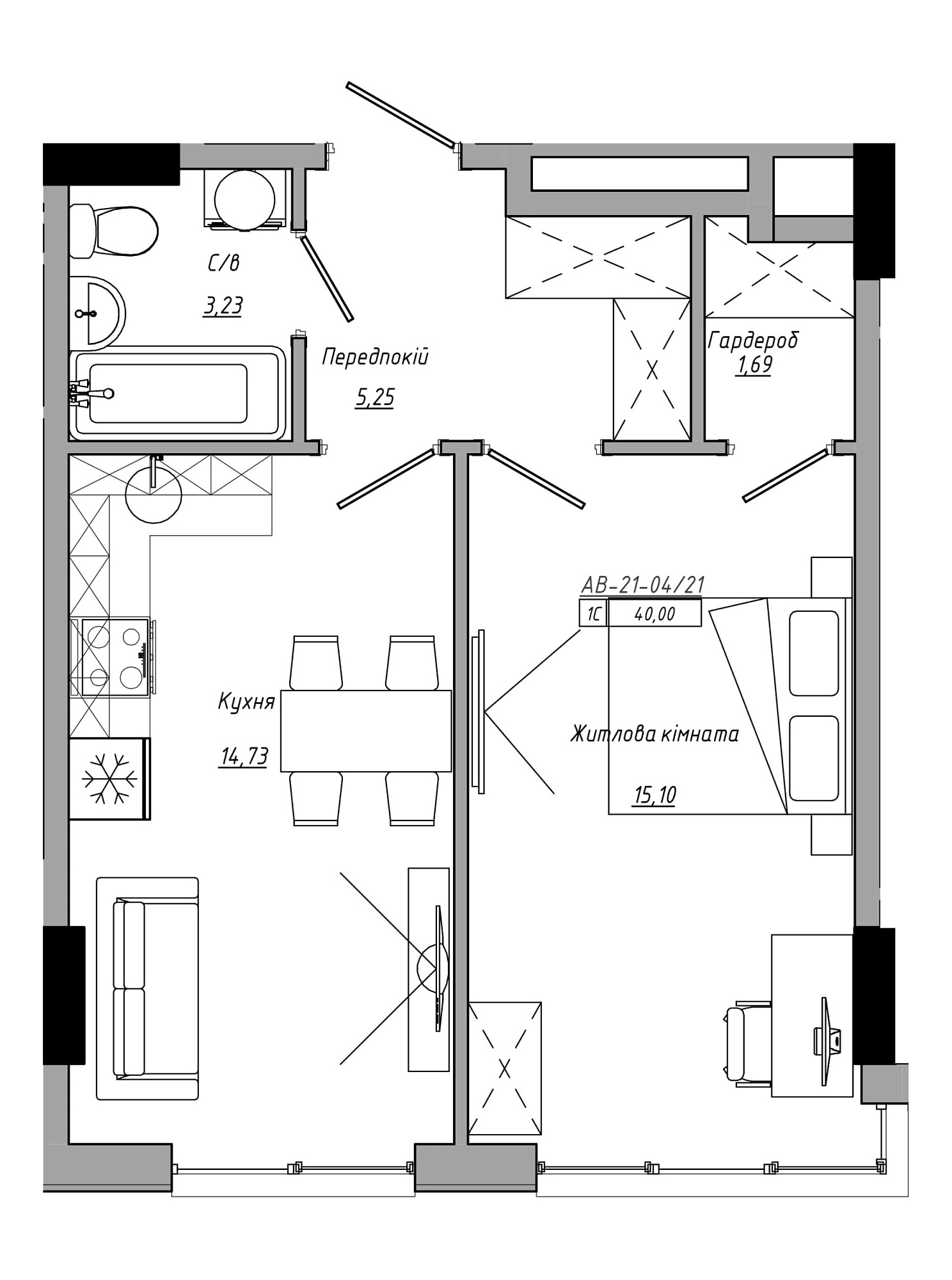 Планування 1-к квартира площею 40м2, AB-21-04/00021.