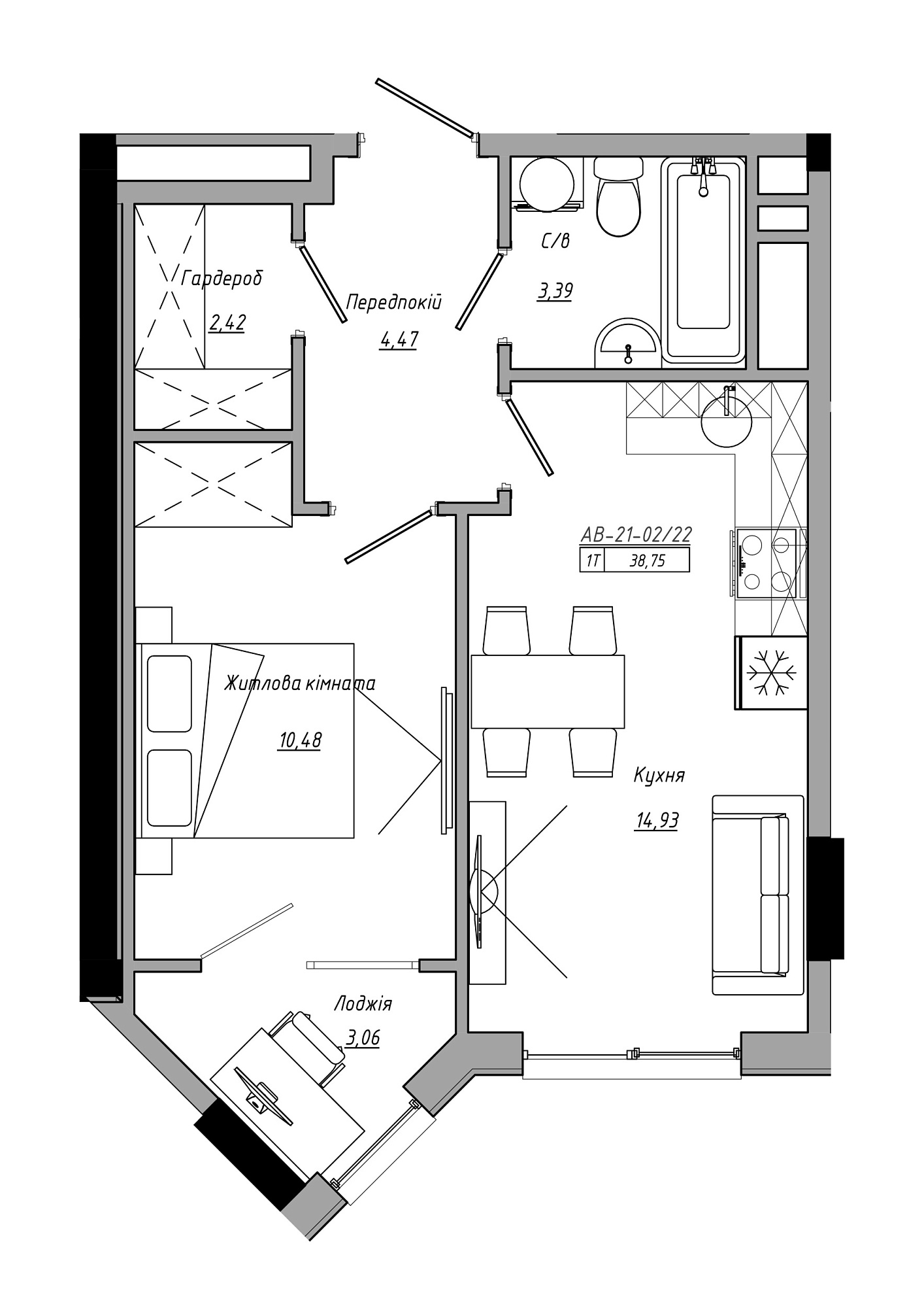 Планування 1-к квартира площею 38.75м2, AB-21-02/00022.