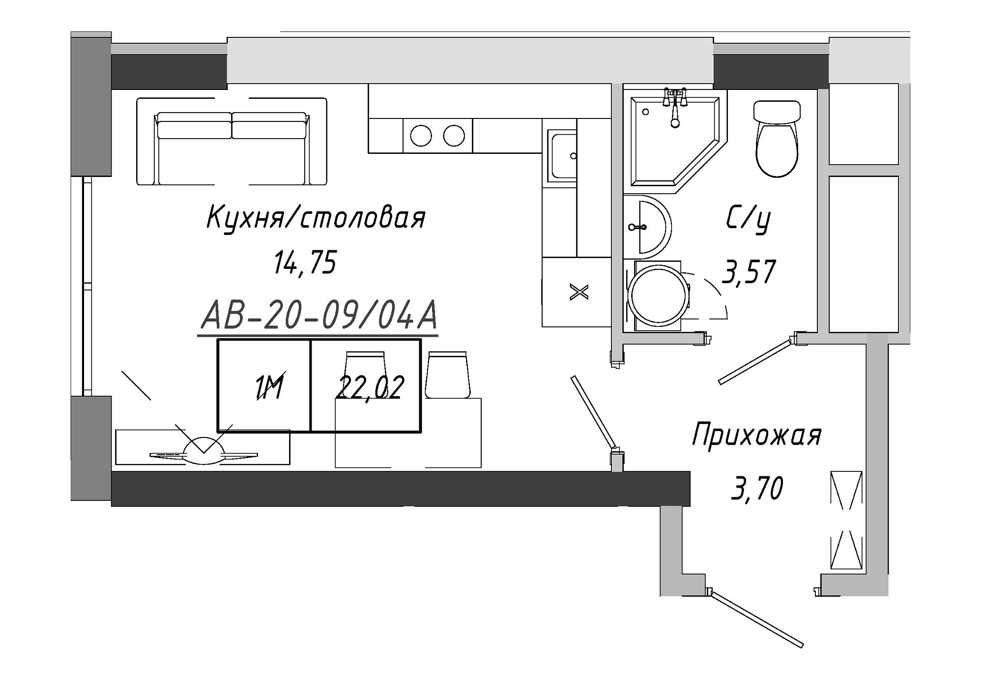Планування Smart-квартира площею 21.3м2, AB-20-09/0004а.