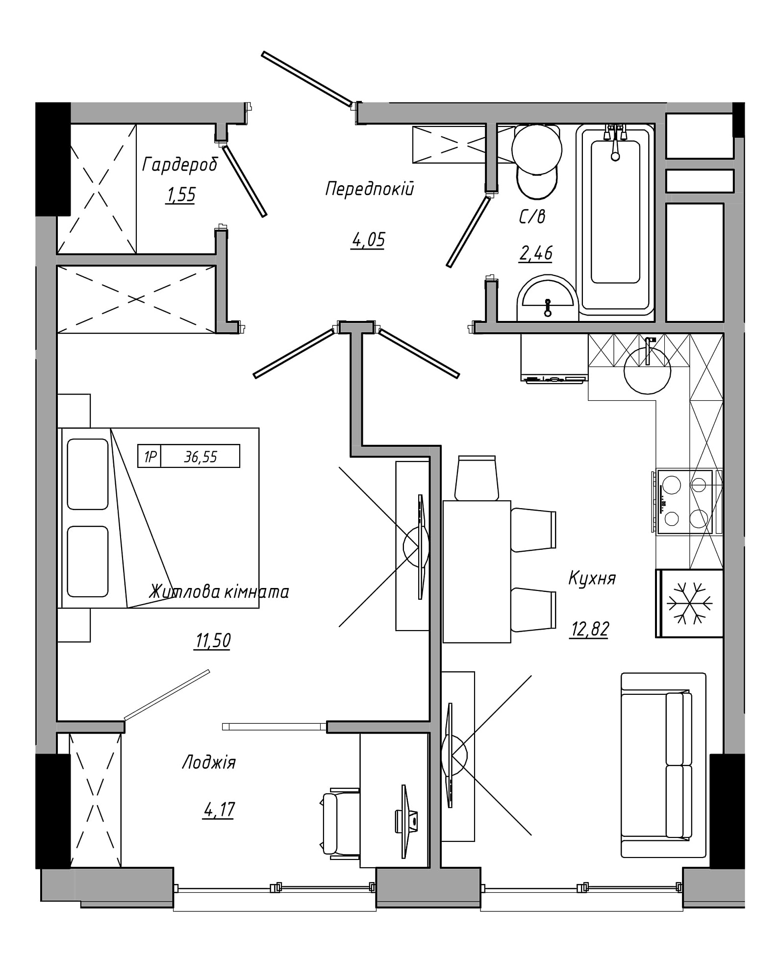 Планування 1-к квартира площею 36.55м2, AB-21-07/00020.