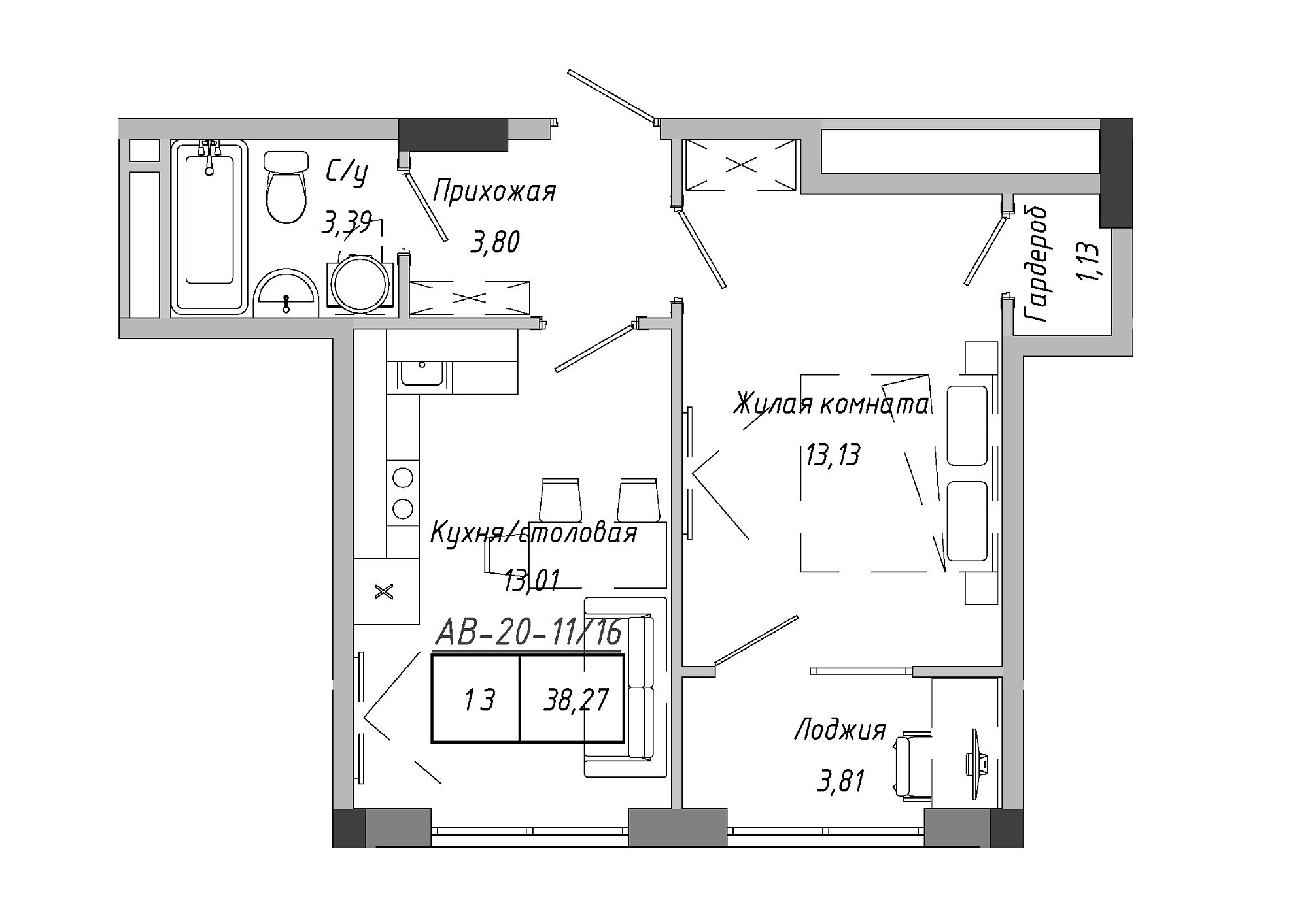 Планировка 1-к квартира площей 38.79м2, AB-20-11/00016.