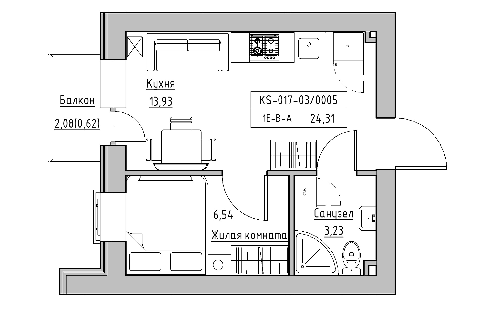 Планировка 1-к квартира площей 24.31м2, KS-017-03/0005.