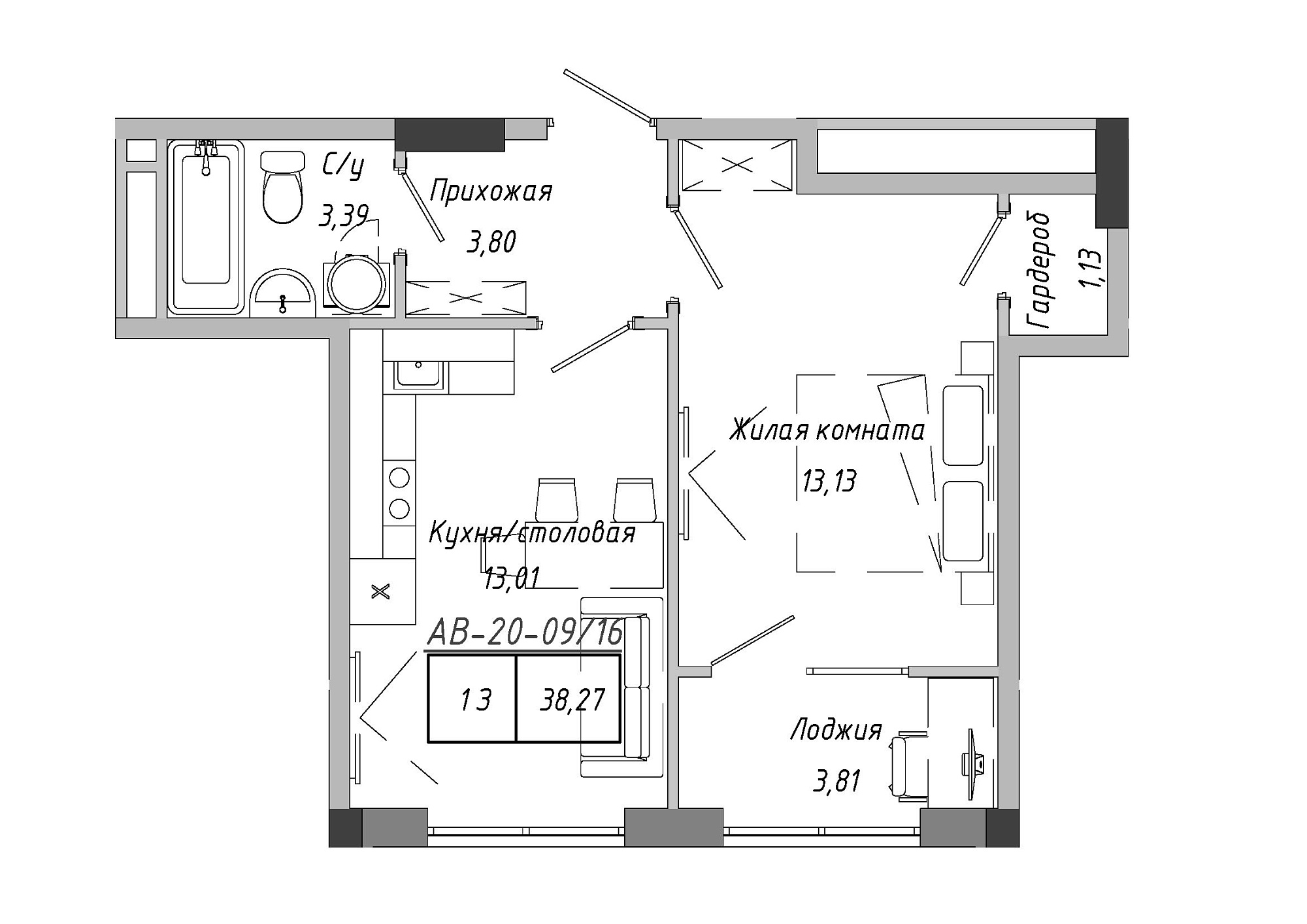 Планировка 1-к квартира площей 38.79м2, AB-20-09/00016.