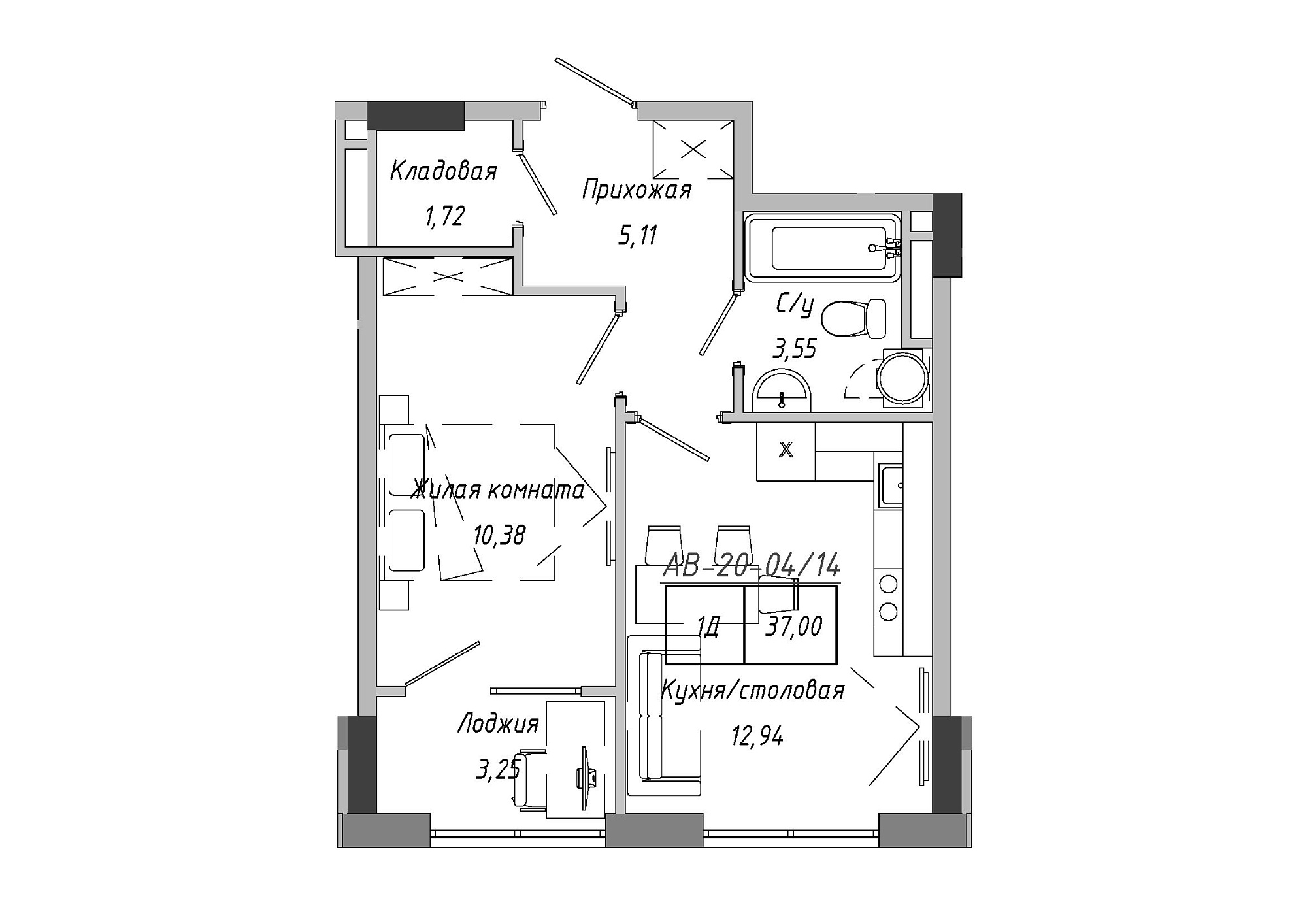 Планування 1-к квартира площею 37м2, AB-20-04/00014.