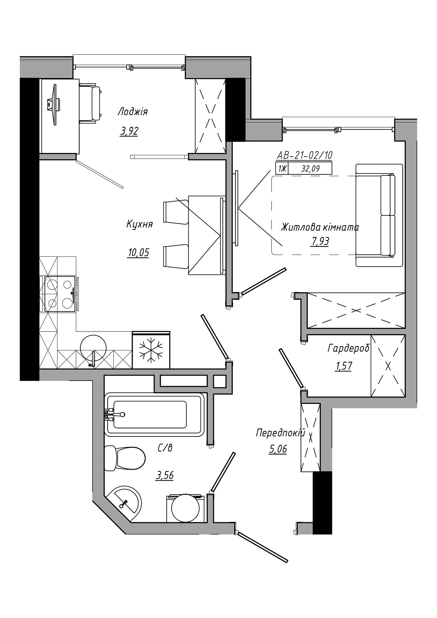 Планировка 1-к квартира площей 32.09м2, AB-21-02/00010.