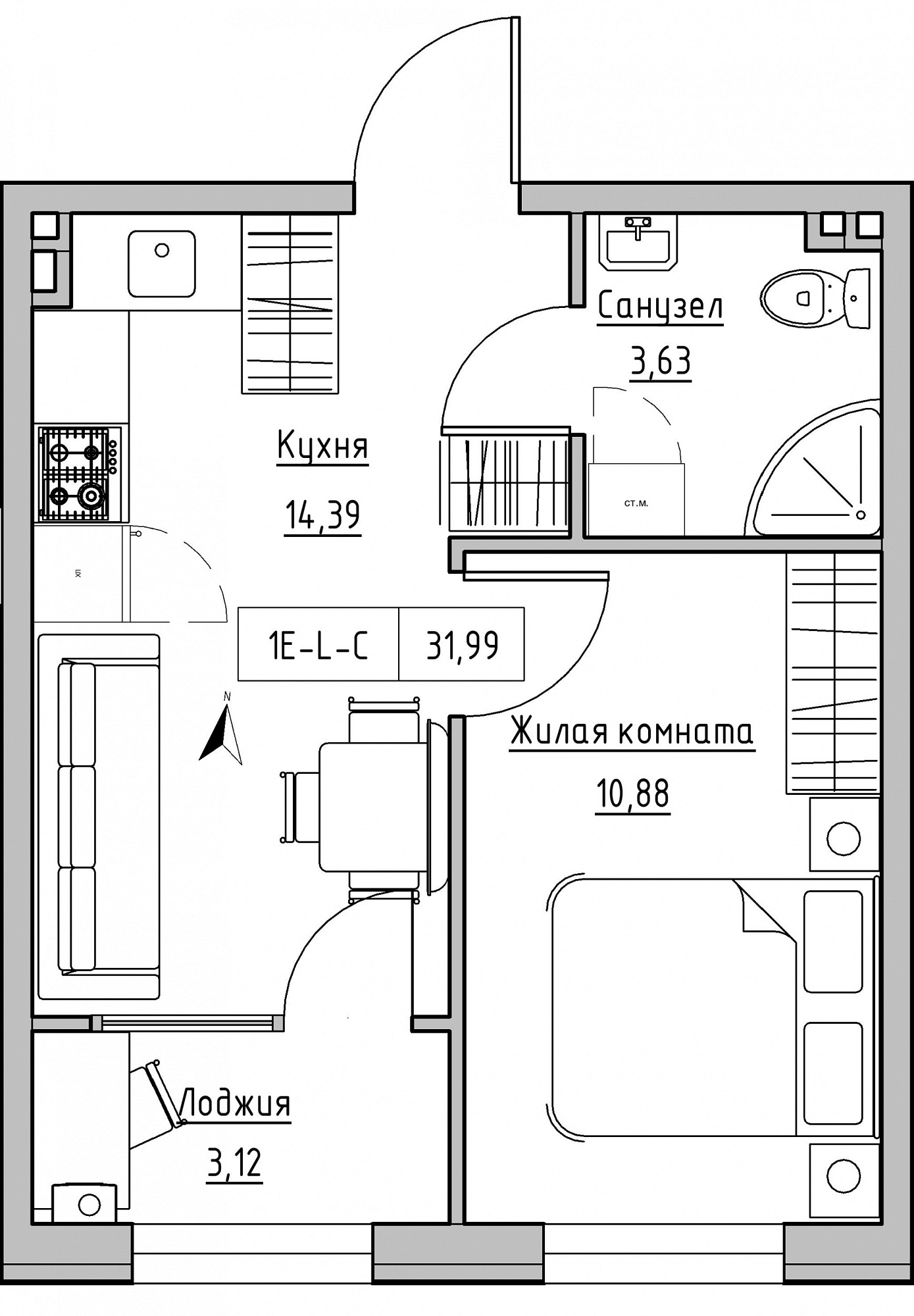 Планировка 1-к квартира площей 31.99м2, KS-024-01/0006.