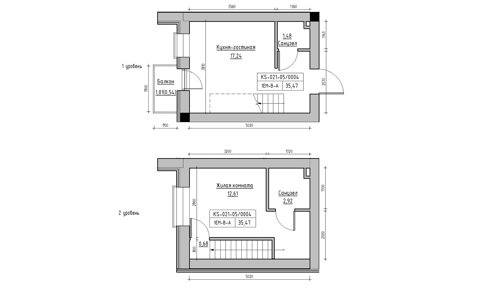 Планировка 2-x уровневая площей 35.47м2, KS-021-05/0004.