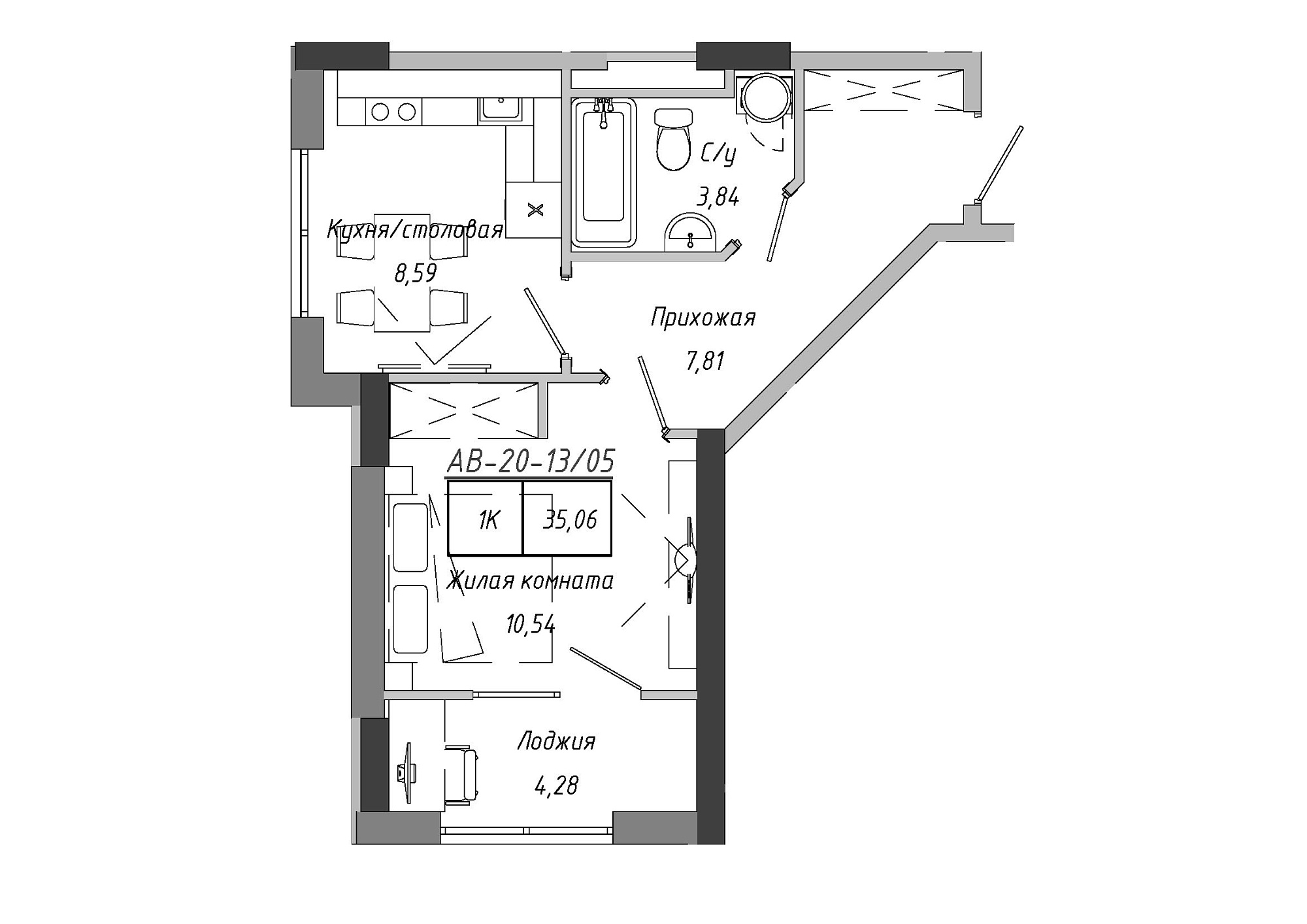 Планировка 1-к квартира площей 35.06м2, AB-20-13/00105.