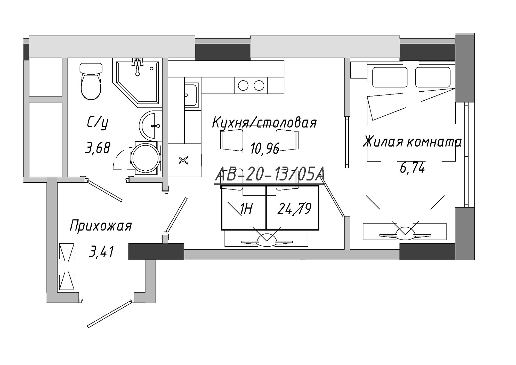 Планування 1-к квартира площею 24.79м2, AB-20-13/0105a.