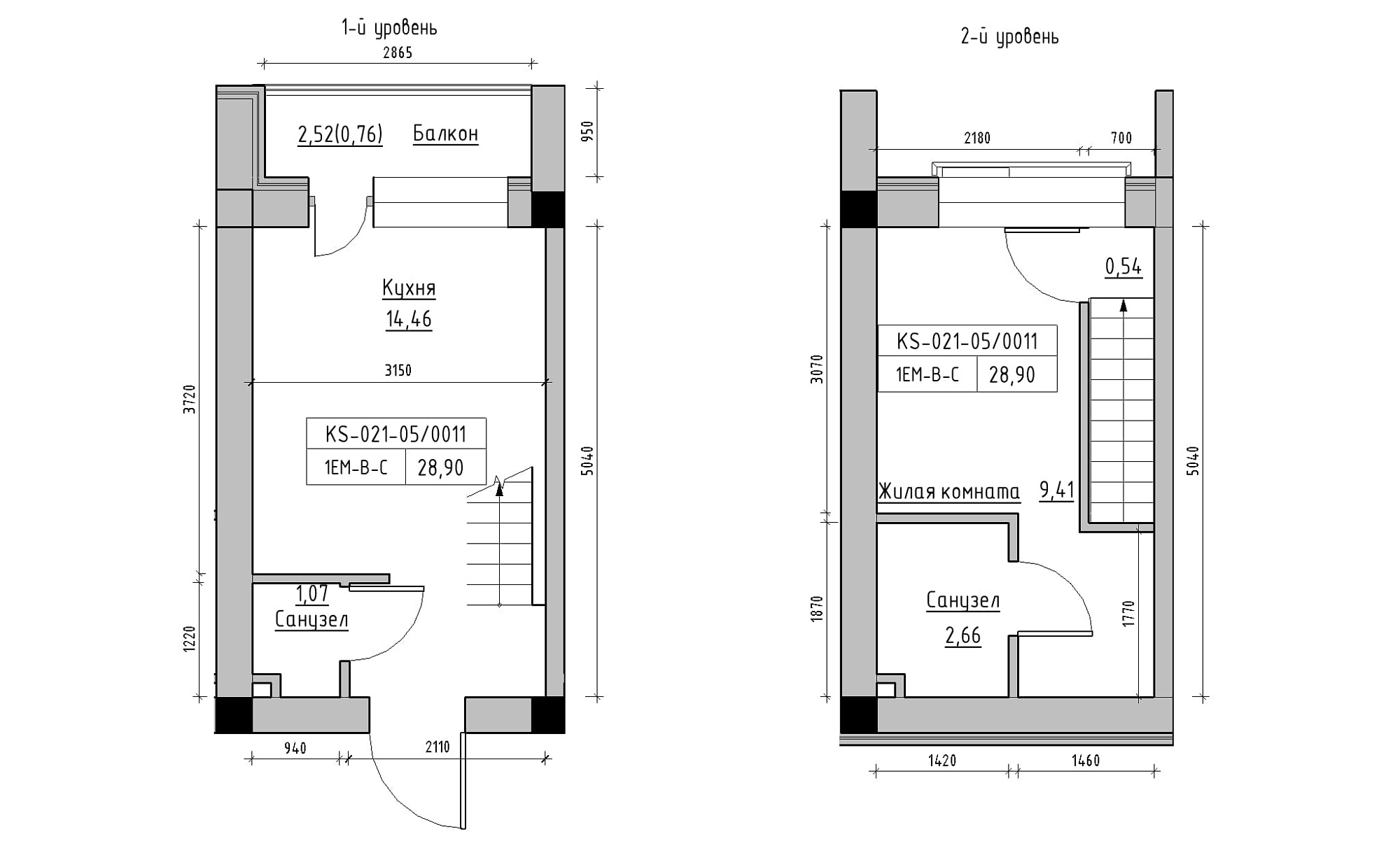 Planning 2-lvl flats area 28.9m2, KS-021-05/0011.