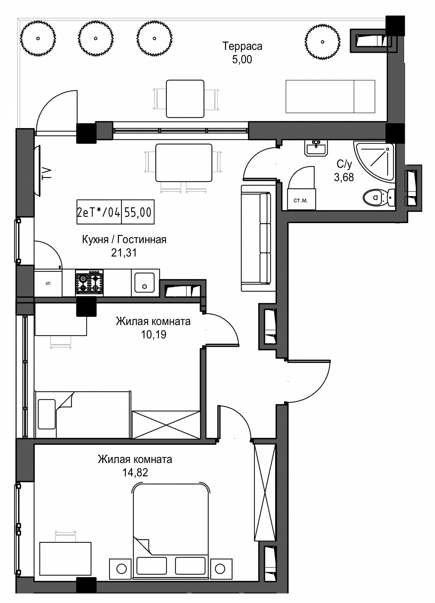 Planning 2-rm flats area 55m2, UM-002-07/0070.