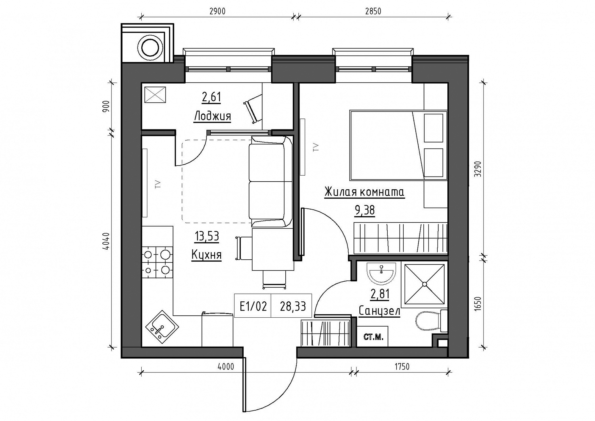 Планировка 1-к квартира площей 28.33м2, KS-011-04/0015.