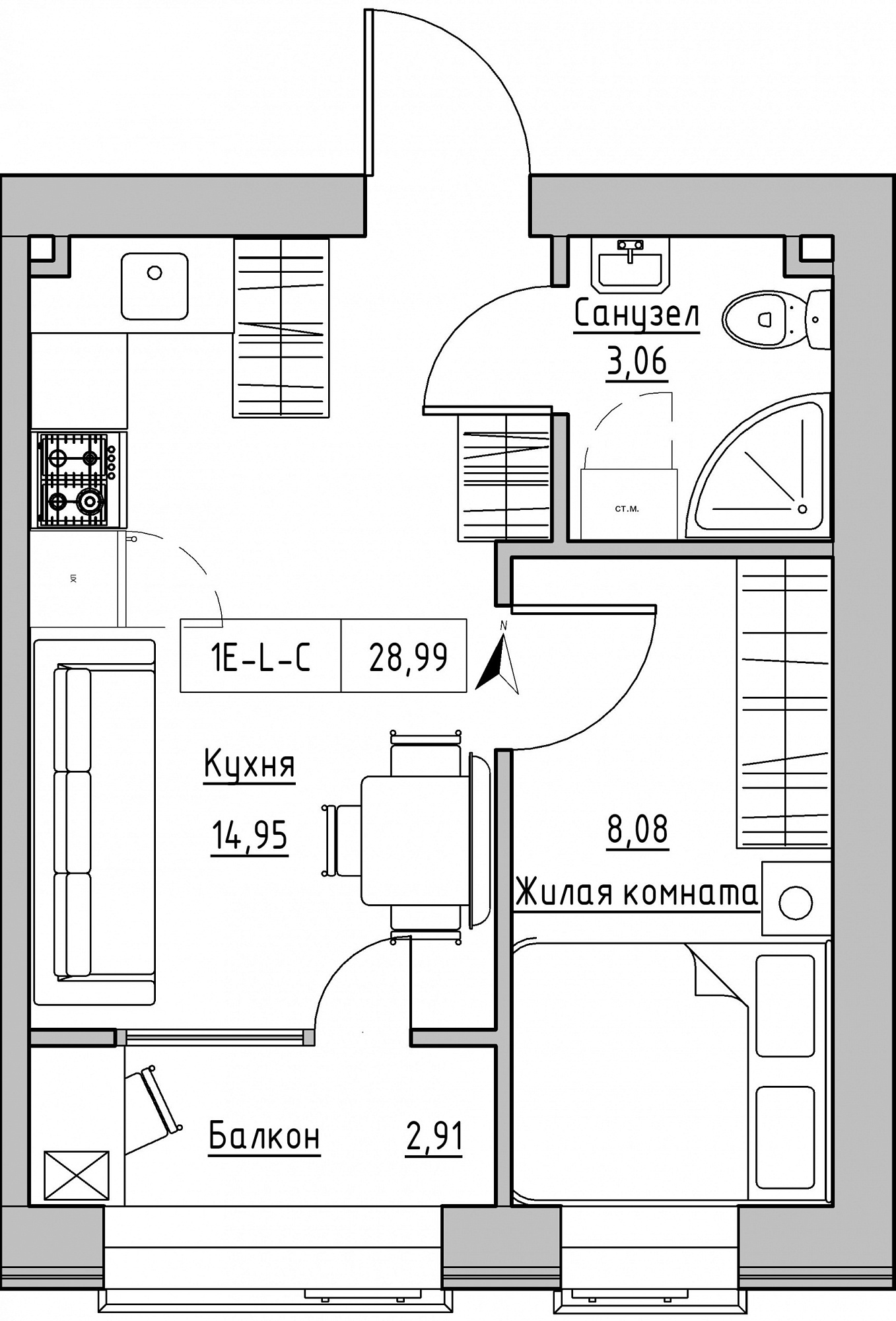 Планировка 1-к квартира площей 28.99м2, KS-019-03/0009.