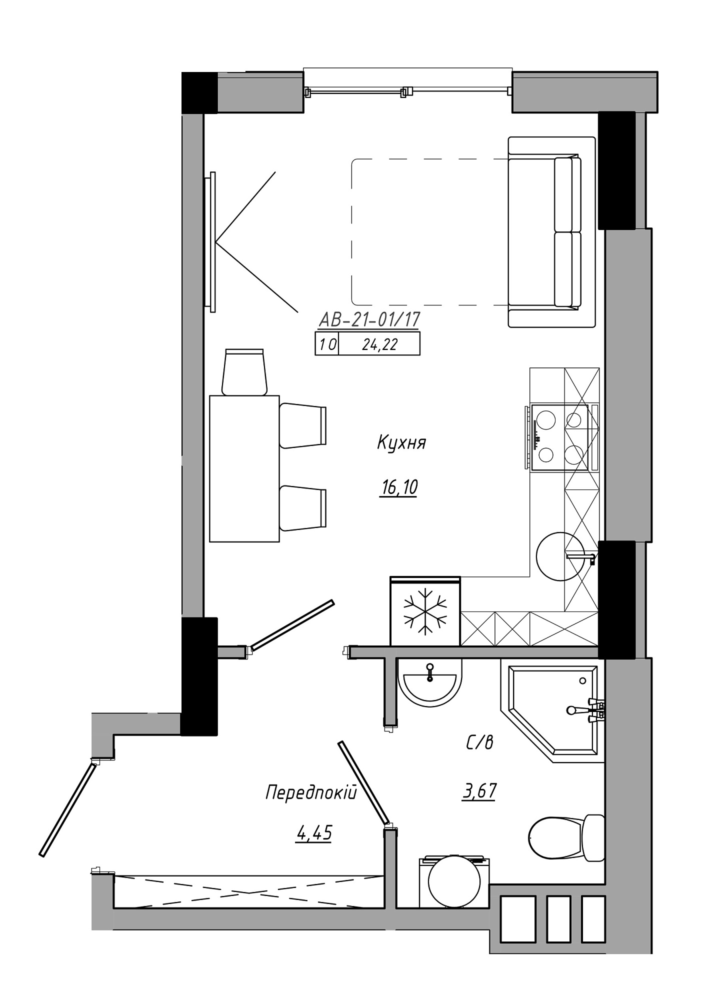 Планування Smart-квартира площею 24.22м2, AB-21-01/00017.