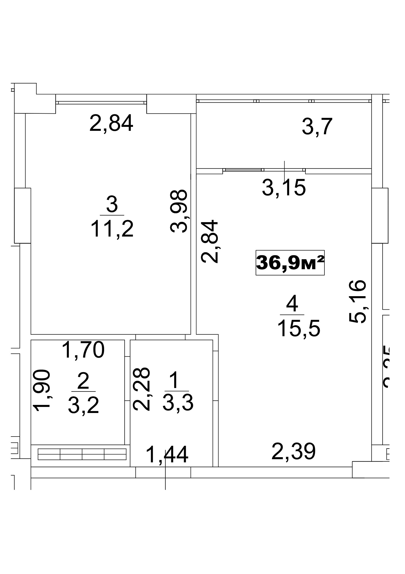 Планировка 1-к квартира площей 36.9м2, AB-13-02/00012.