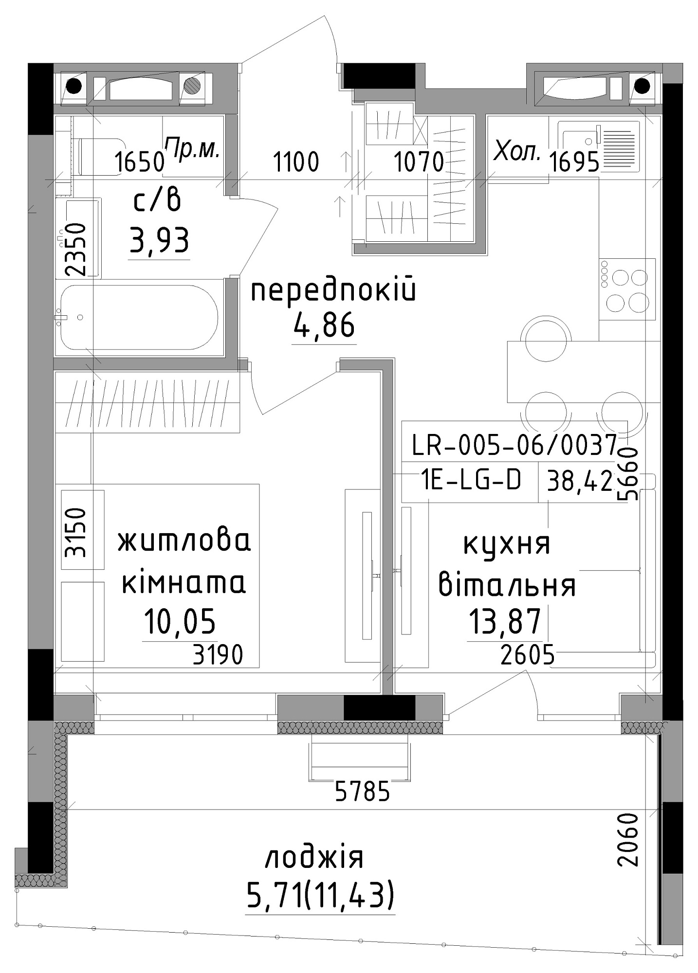 Планировка 1-к квартира площей 38.43м2, LR-005-06/0037.