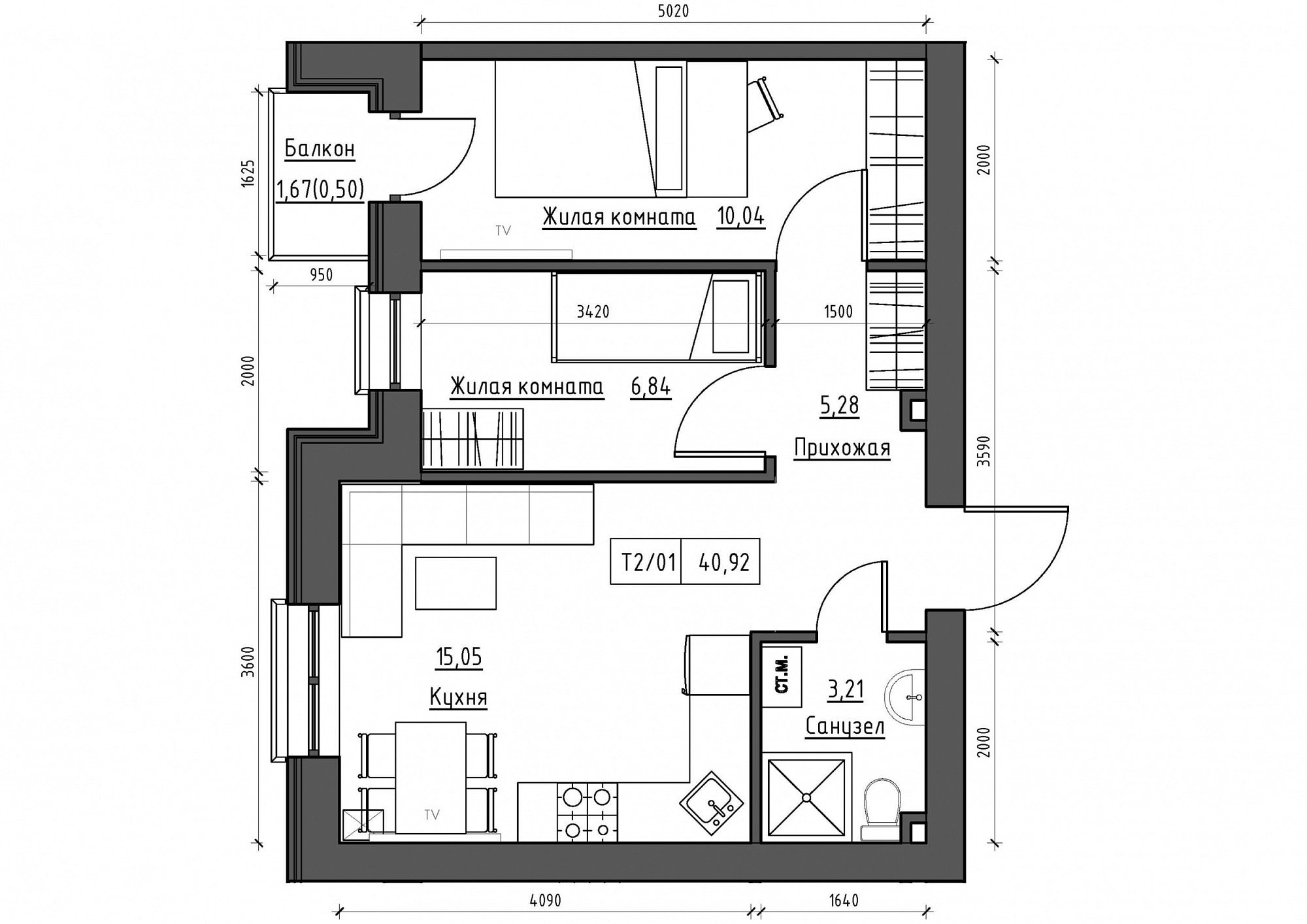 Планування 2-к квартира площею 40.92м2, KS-012-04/0010.