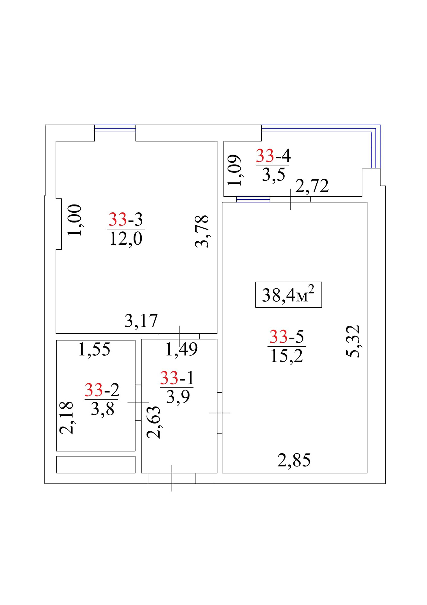 Планировка 1-к квартира площей 38.4м2, AB-01-04/0033а.