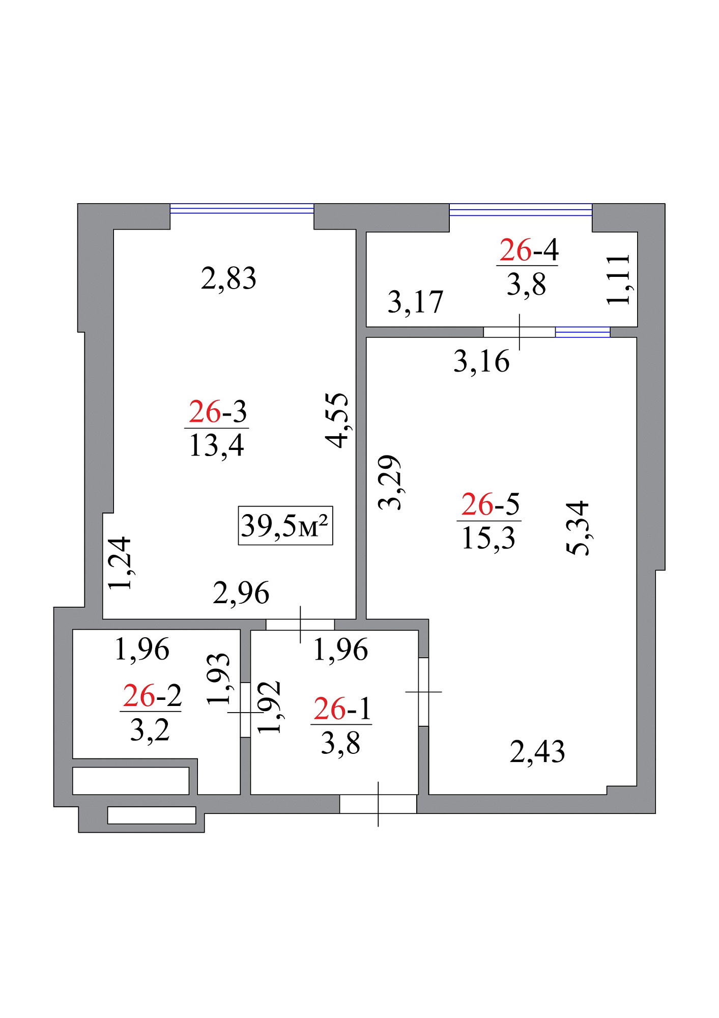 Планировка 1-к квартира площей 39.5м2, AB-07-03/00024.