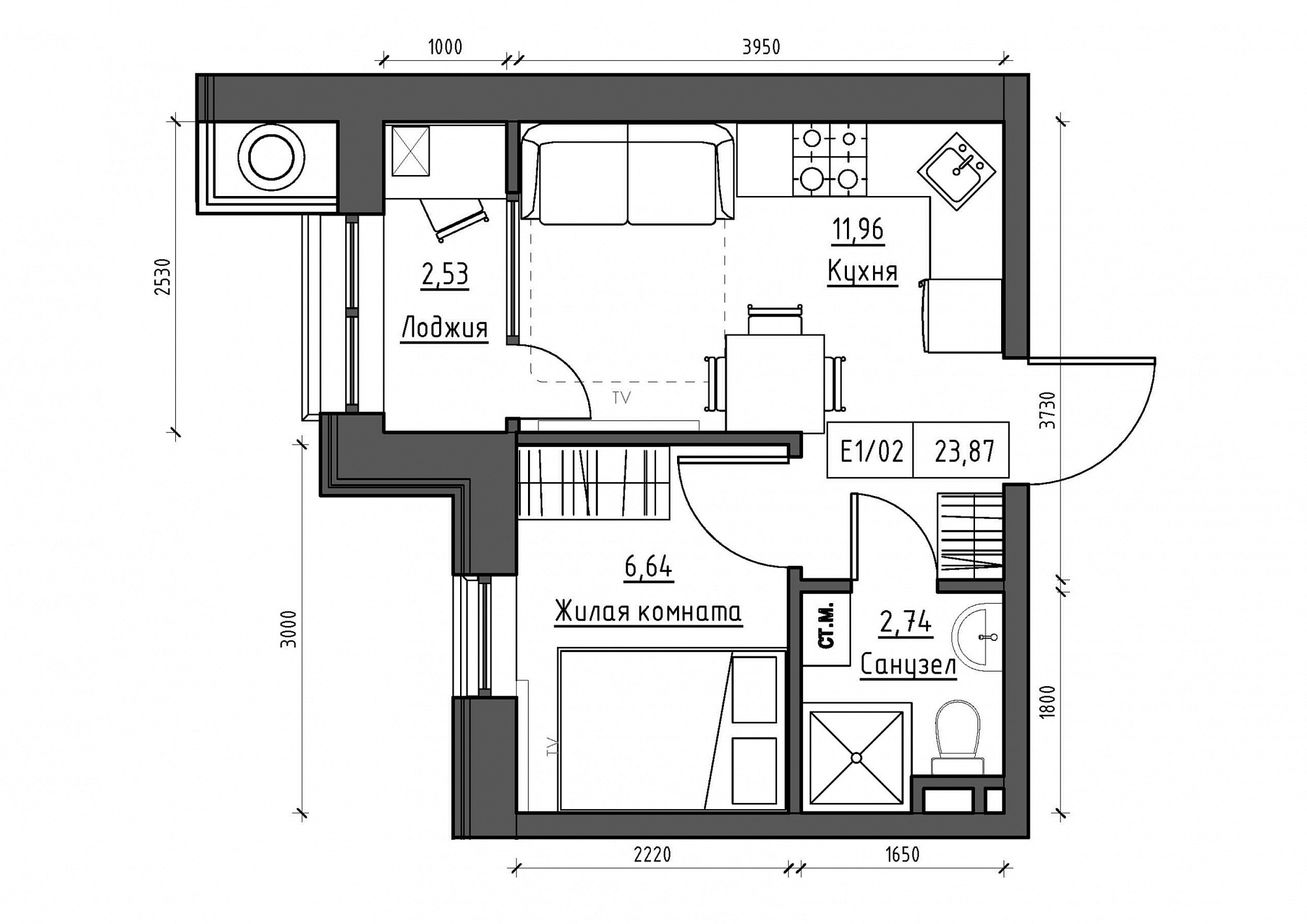 Планировка 1-к квартира площей 23.87м2, KS-011-02/0001.
