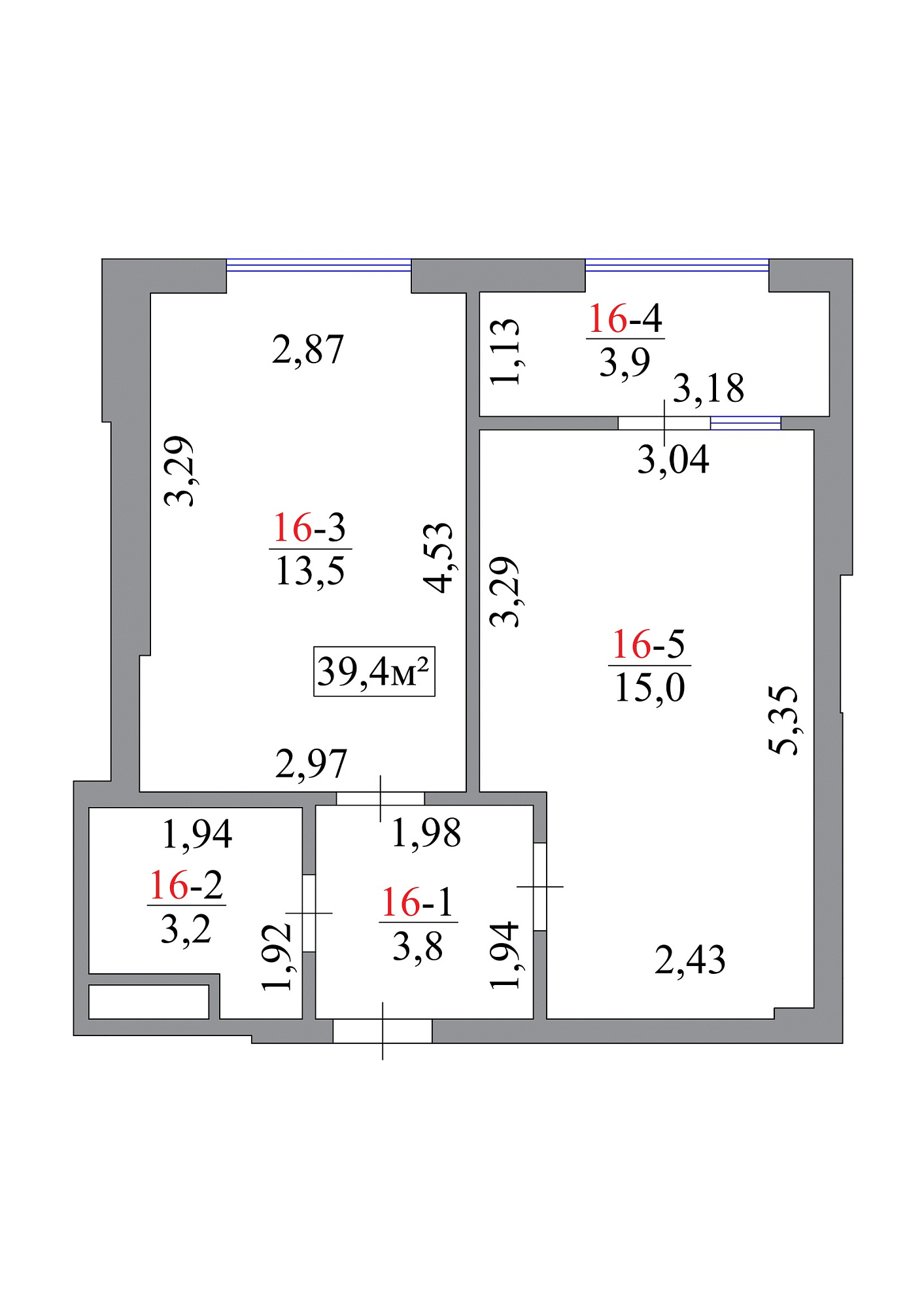 Планировка 1-к квартира площей 39.4м2, AB-07-02/00015.