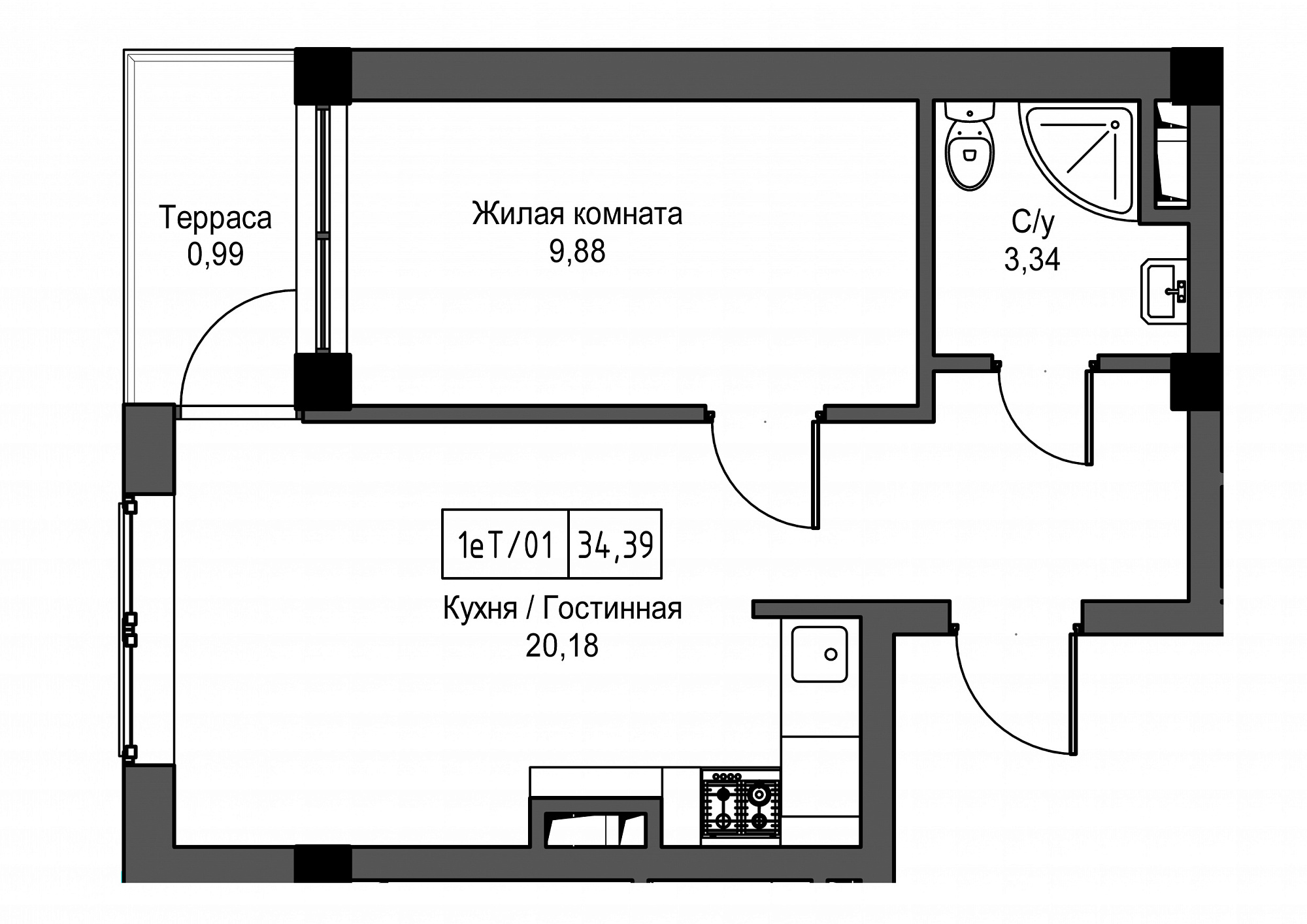Планировка 1-к квартира площей 34.39м2, UM-002-02/0100.