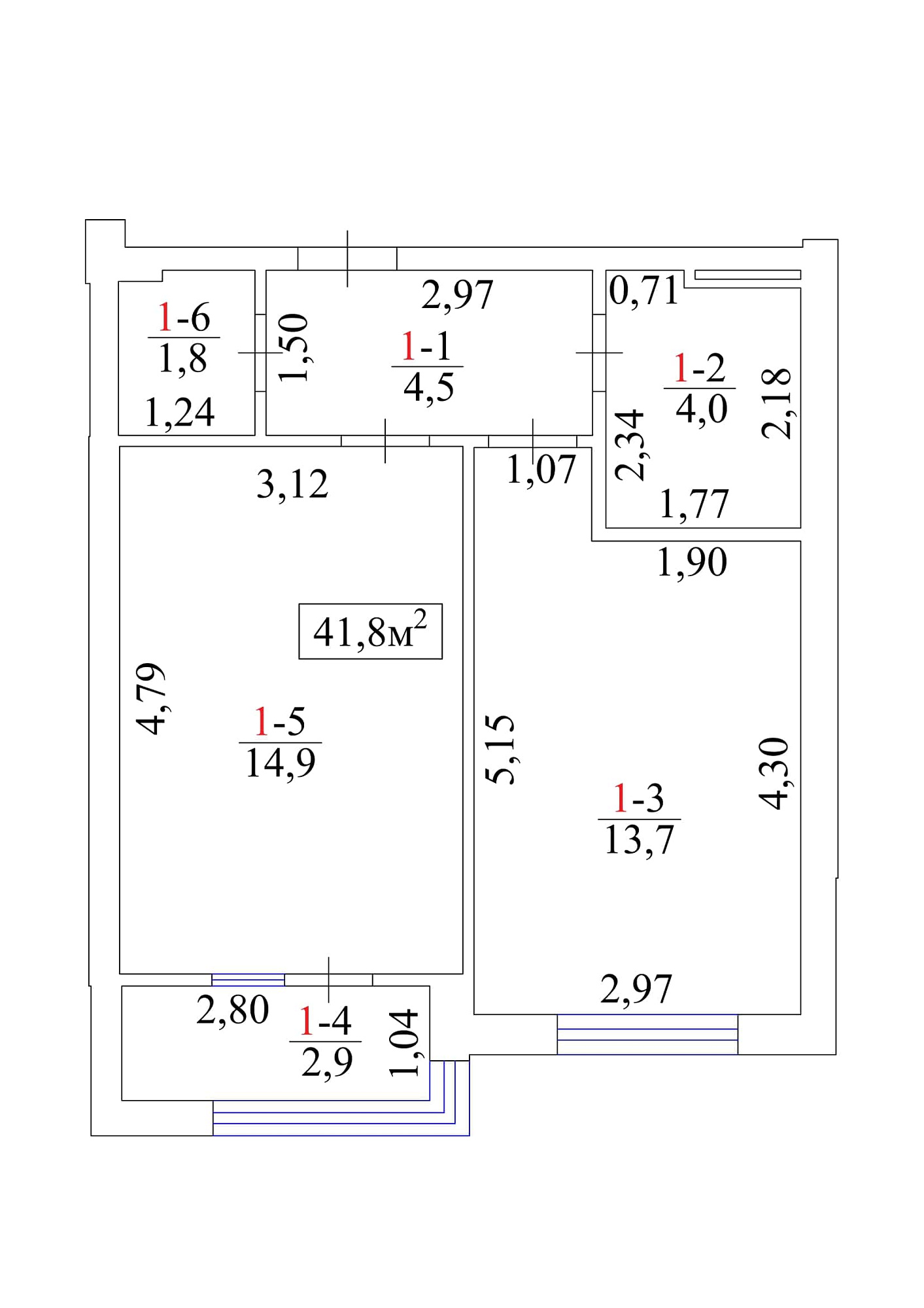 Планировка 1-к квартира площей 41.8м2, AB-01-01/00001.