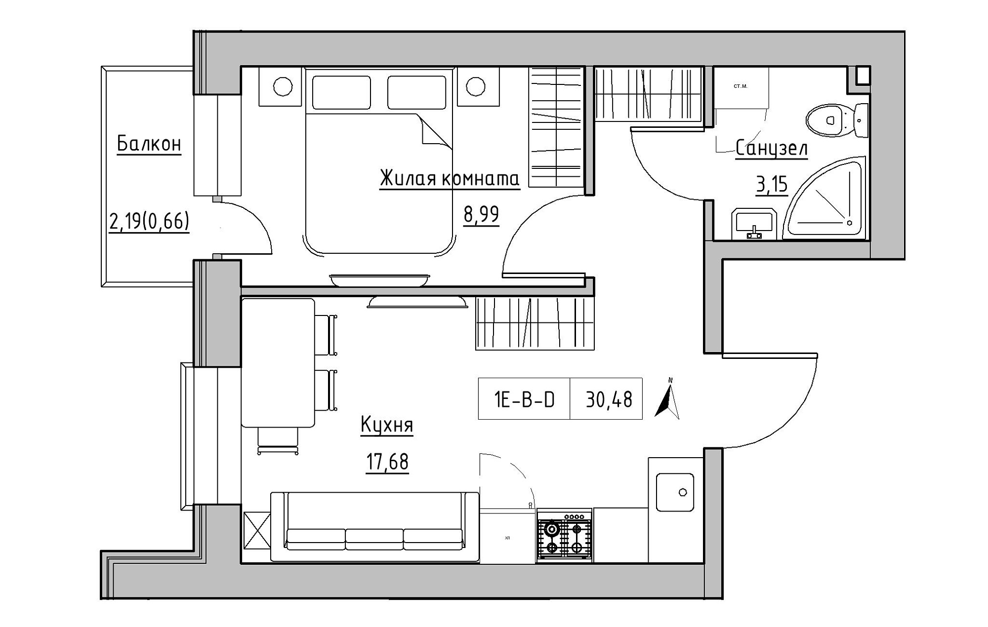 Планування 1-к квартира площею 30.48м2, KS-019-03/0003.