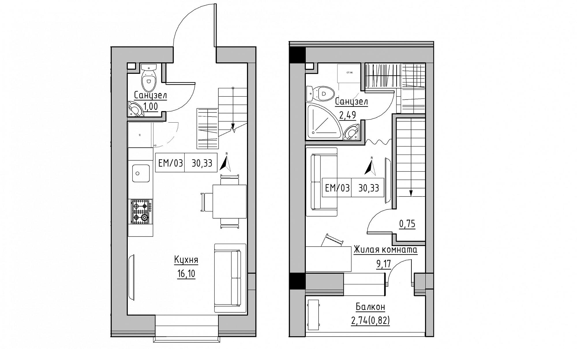 Planning 2-lvl flats area 30.33m2, KS-015-05/0010.